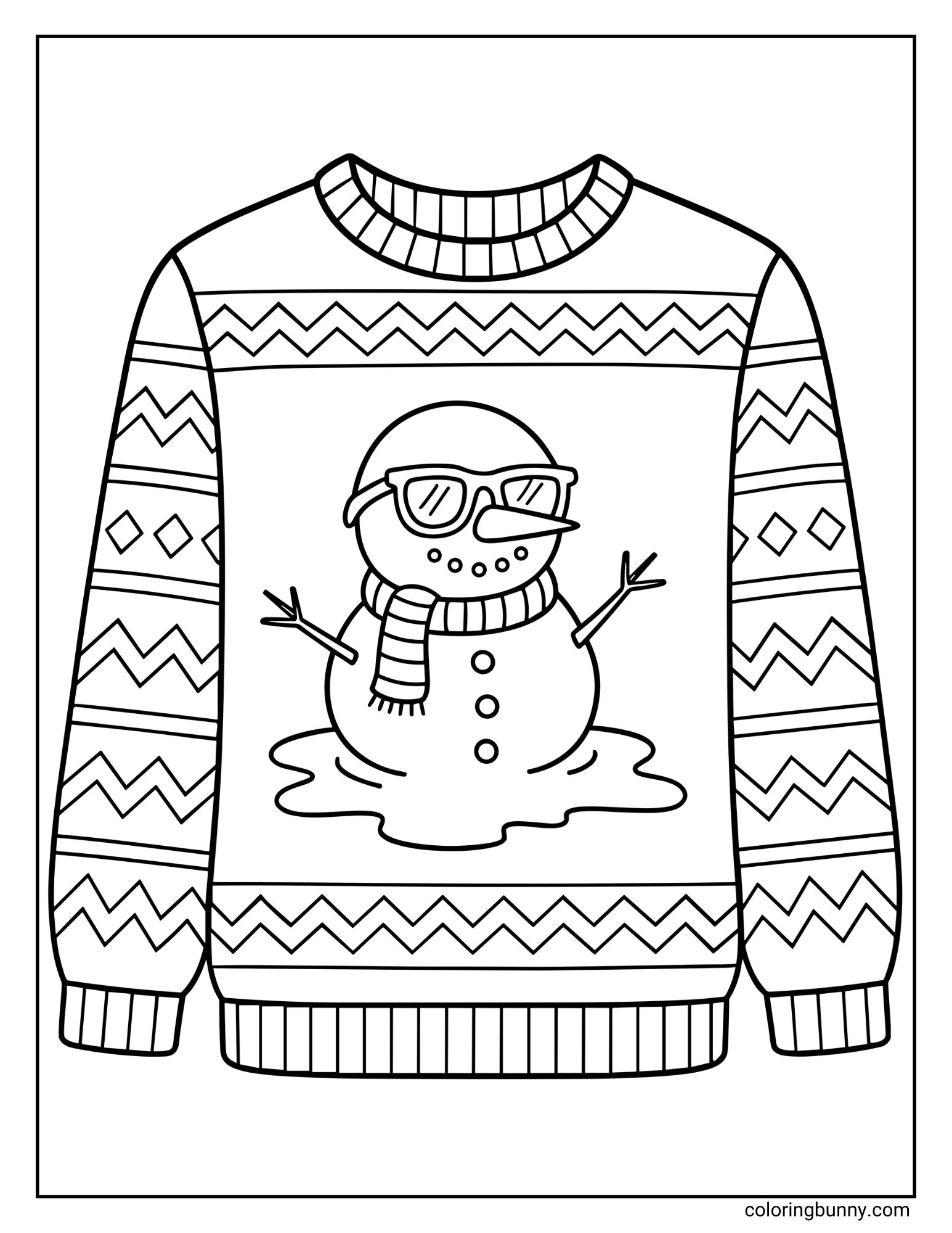 A coloring sheet displaying a patterned winter sweater. The central design features a melting snowman wearing sunglasses and a scarf, sitting in a puddle, while the garment is decorated with rows of zigzag lines and diamond shapes.