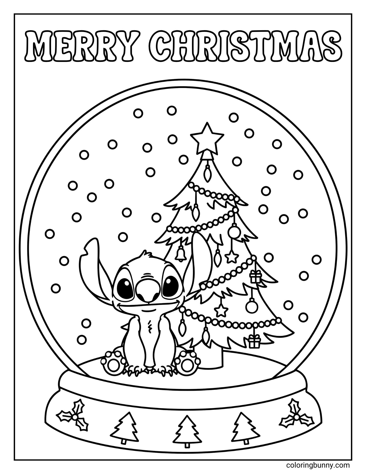 A coloring page featuring the text "Merry Christmas" in bubble letters above a snow globe. Inside the globe, the Disney character Stitch sits next to a star-topped, decorated Christmas tree while snow falls. The base is decorated with pine trees.