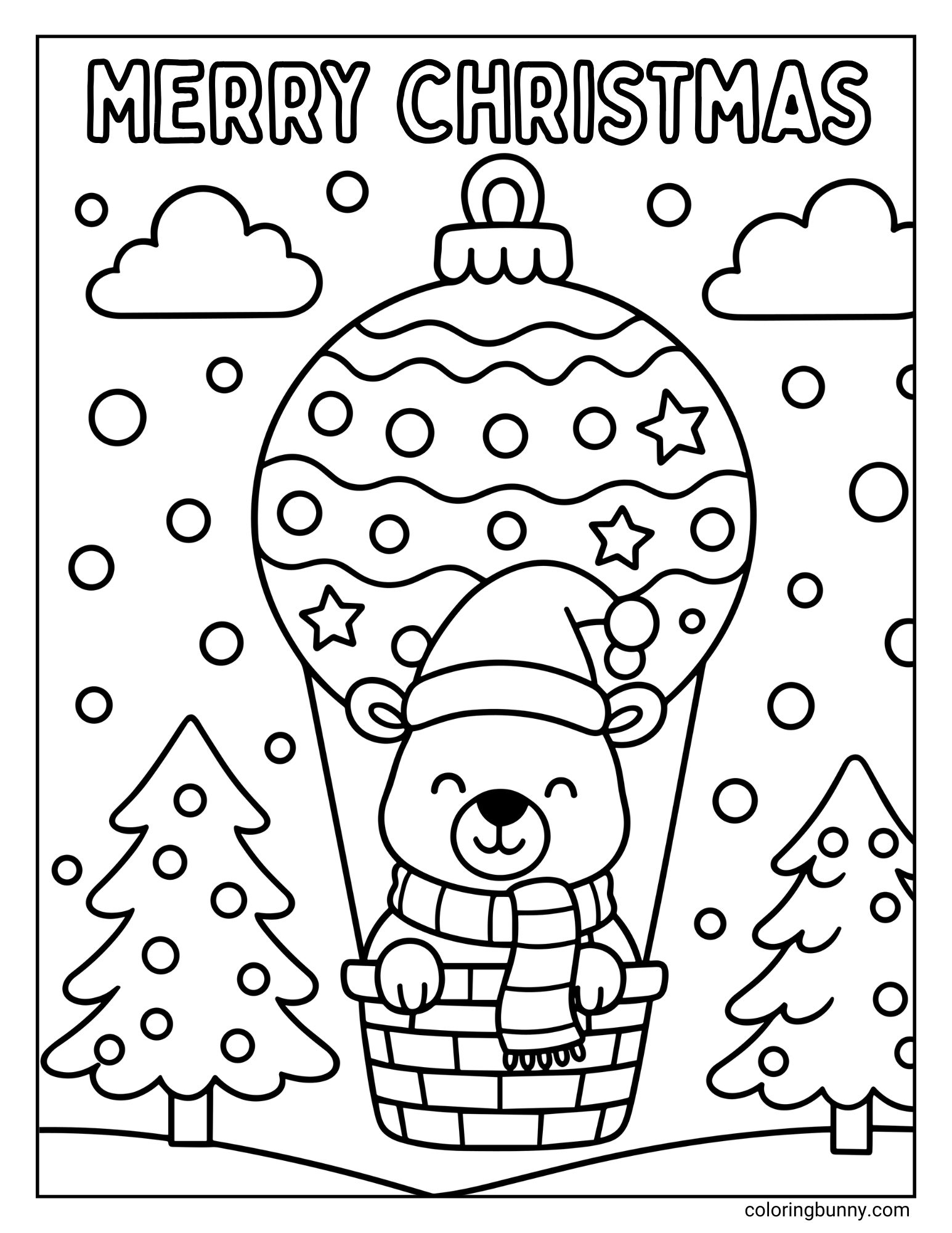 A black and white "MERRY CHRISTMAS" coloring page. It features a cute bear wearing a Santa hat and scarf, riding in a hot air balloon shaped like a Christmas ornament. The balloon is floating over pine trees in a snowy sky.