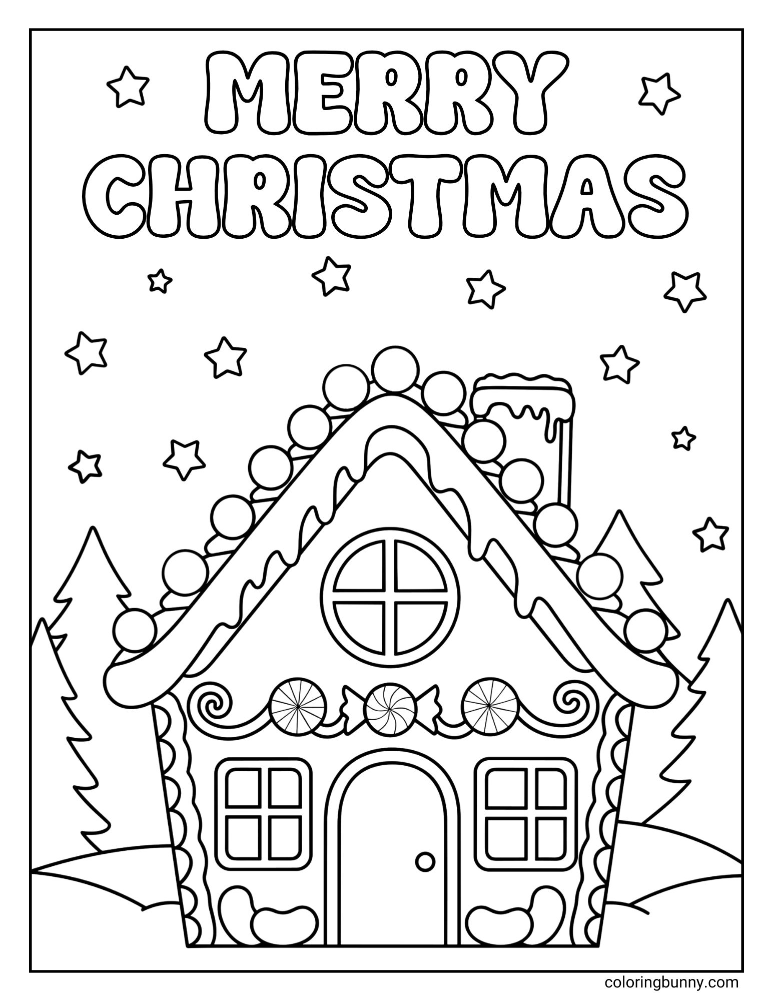 A printable coloring sheet featuring the text "MERRY CHRISTMAS" in bubble letters above a decorated gingerbread house. The cottage has gumdrops on the roof, peppermint candies above the door, and sits between pine trees under a starry sky.