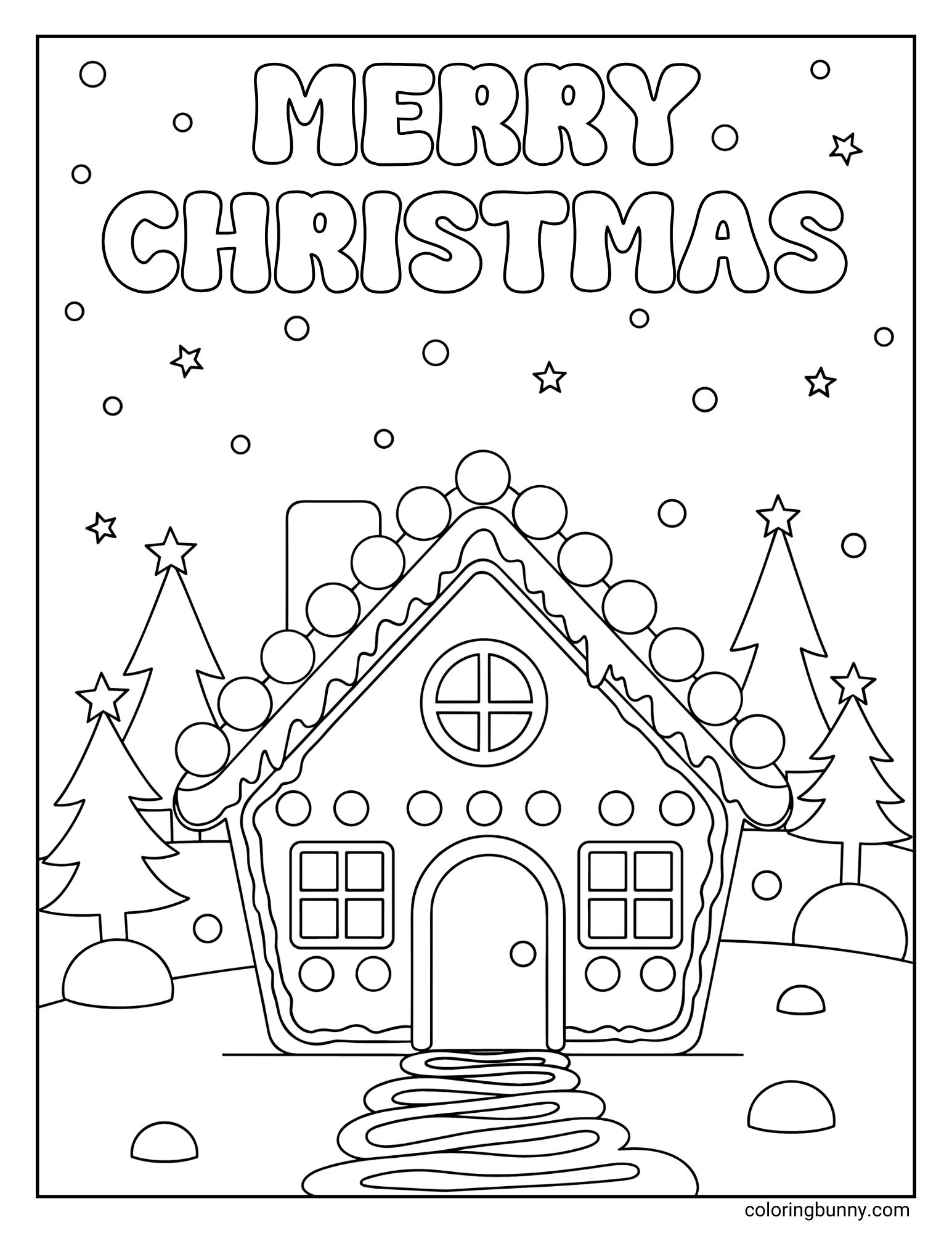 A Christmas gingerbread house coloring page titled "MERRY CHRISTMAS" showing a gingerbread house with a gumdrop roof. A winding path leads to the front door, flanked by Christmas trees topped with stars under falling snow.