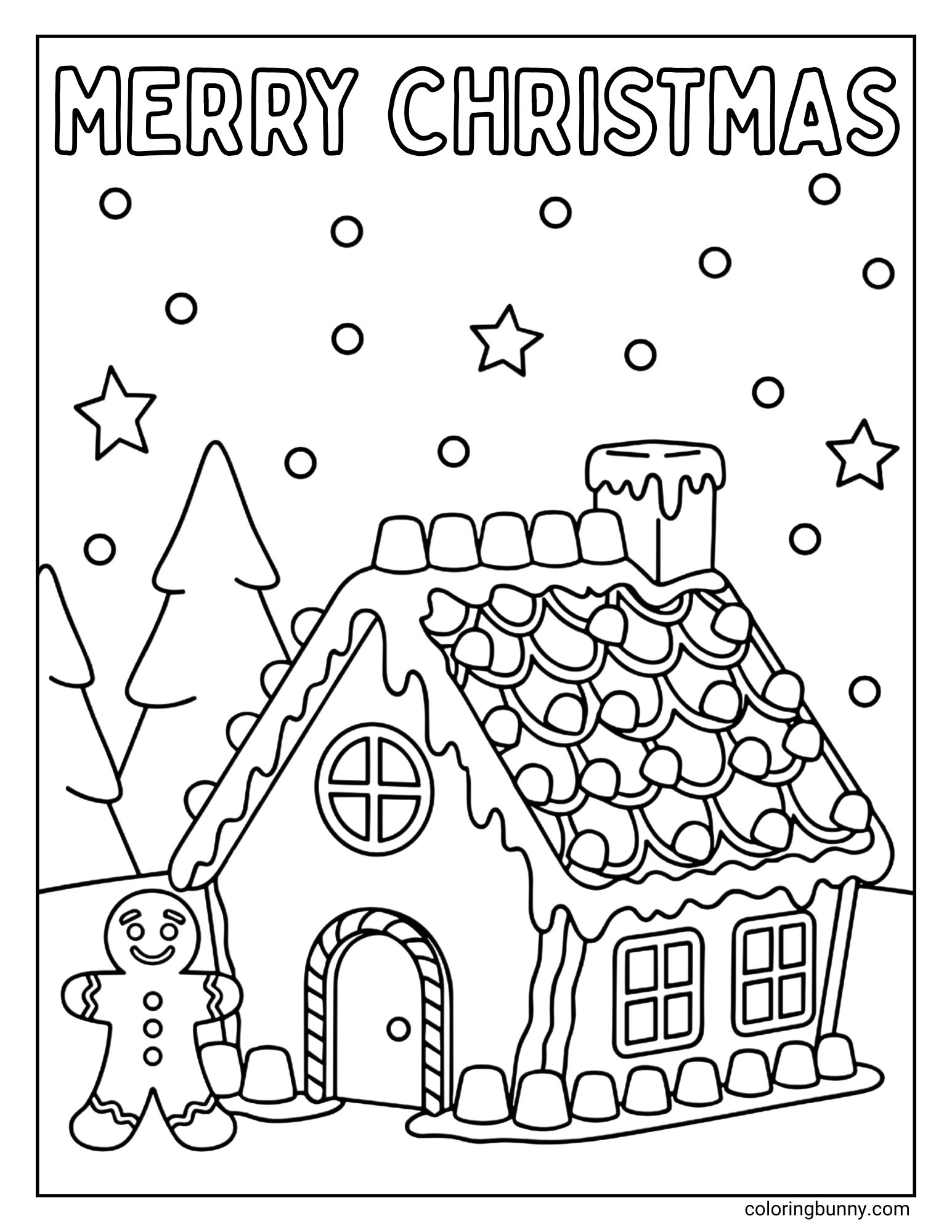 A gingerbread coloring sheet featuring the words "MERRY CHRISTMAS" in bubble letters at the top. Below, a smiling gingerbread man stands next to a detailed gingerbread house with a tiled roof and dripping icing, set against a snowy background with pine trees and stars.