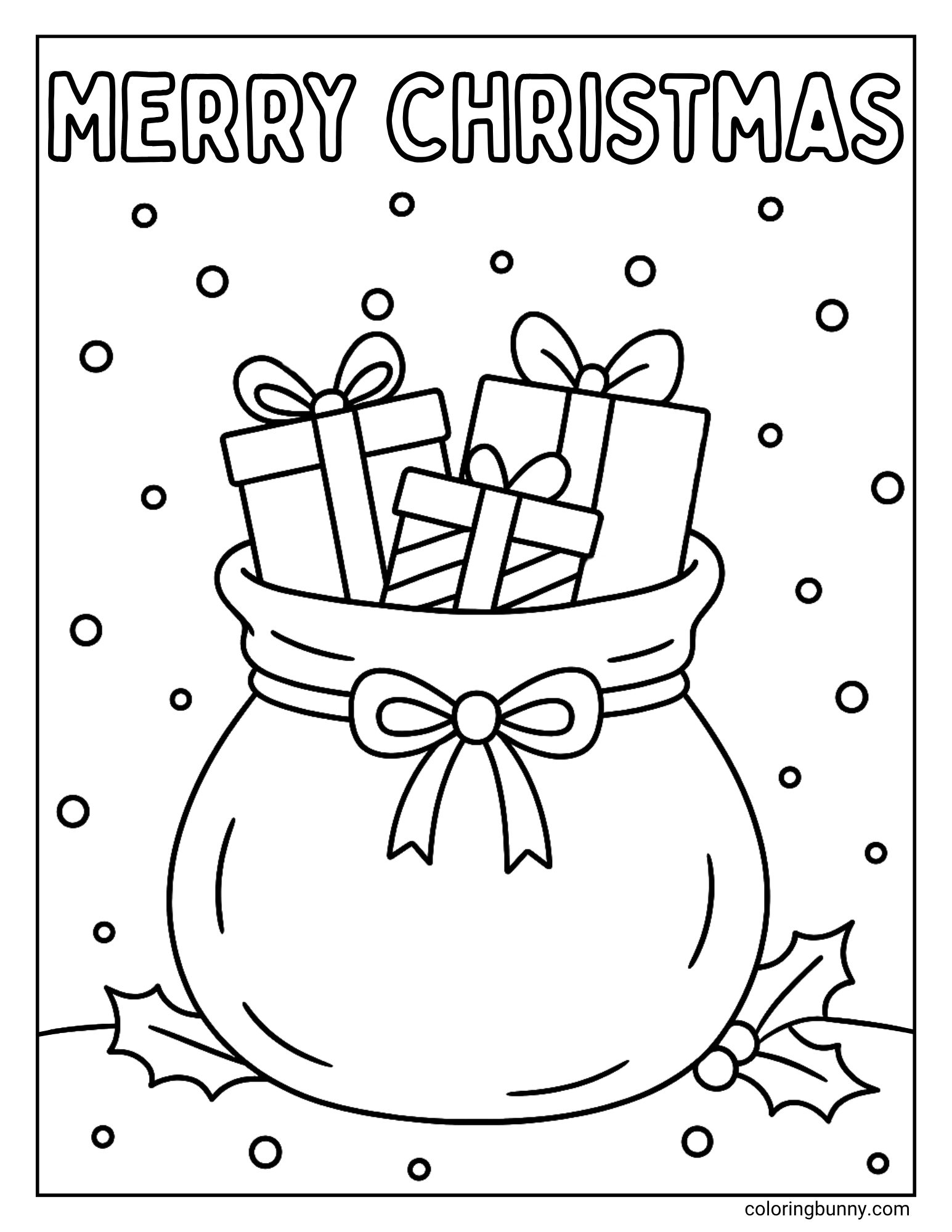 A black and white merry Christmas coloring page. The image shows a large Santa sack, tied with a bow, and overflowing with wrapped presents. The sack is sitting in the snow with holly, and snow is falling in the background.