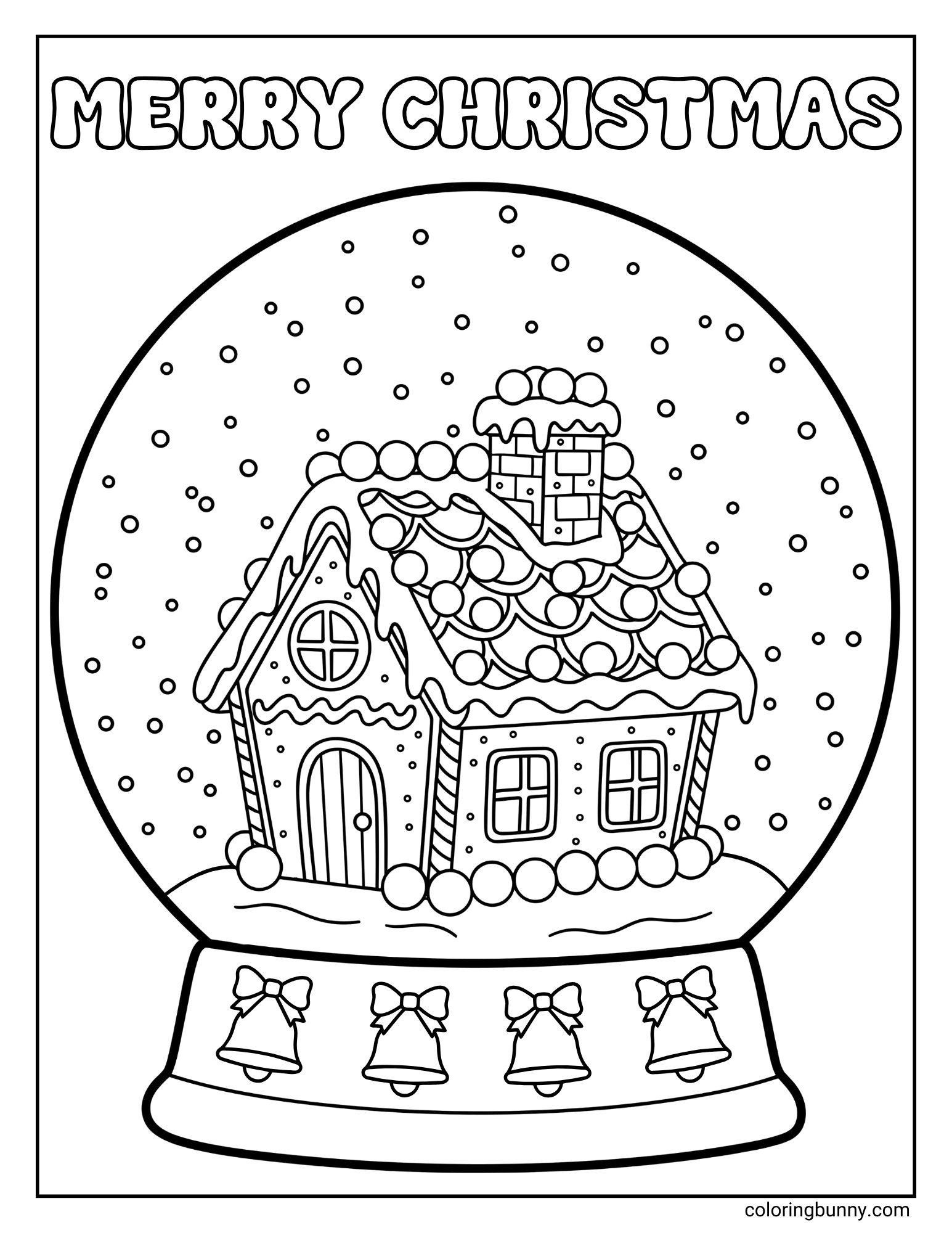 A gingerbread house coloring page featuring the text "MERRY CHRISTMAS" in bubble letters above a large snow globe. Inside, a detailed gingerbread house with a chimney sits under falling snow, resting on a base decorated with bells.