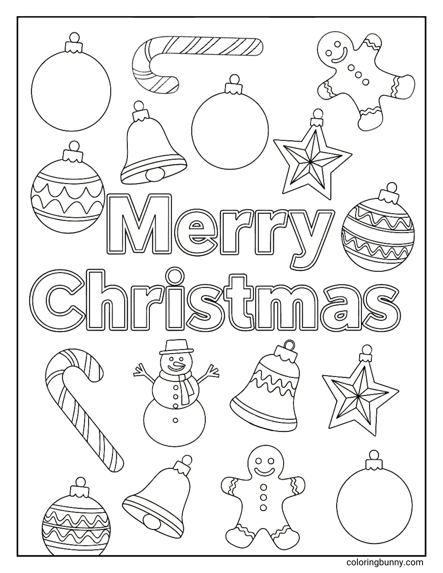 Christmas coloring page displays the text "Merry Christmas" in outline font. Surrounding the words are festive items like bells, stars, gingerbread men, baubles, and a smiling snowman.