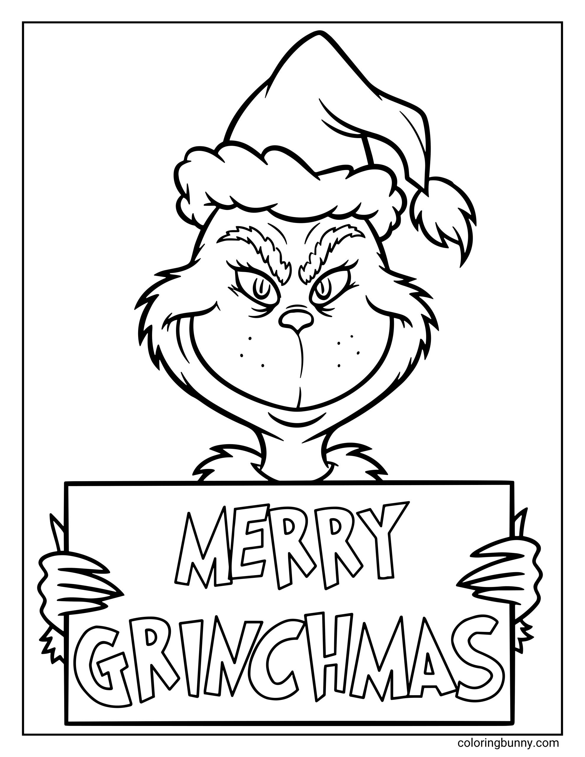 A Grinch Christmas coloring page showing the Grinch in a Santa hat holding a large sign that says “Merry Grinchmas.”