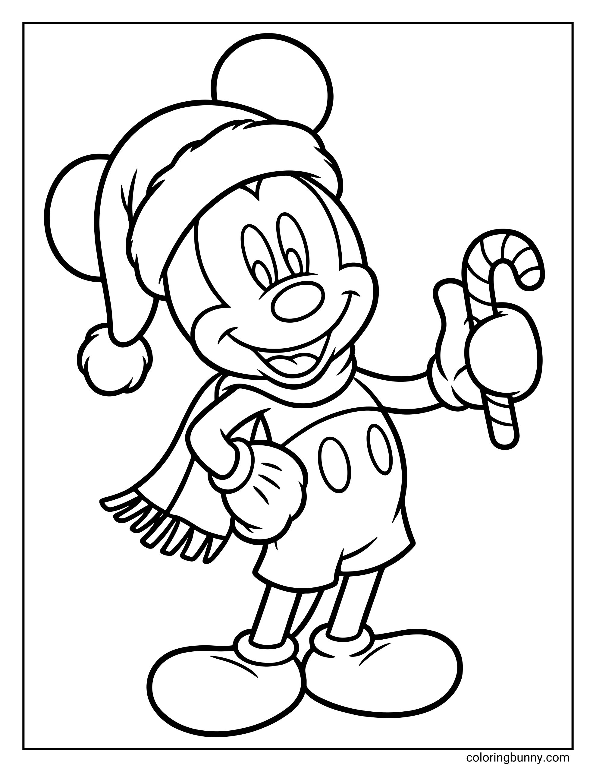A Disney Christmas coloring page of Mickey mouse wearing a Santa hat, scarf, gloves, and festive shorts. He smiles warmly while holding a striped candy cane in one hand.