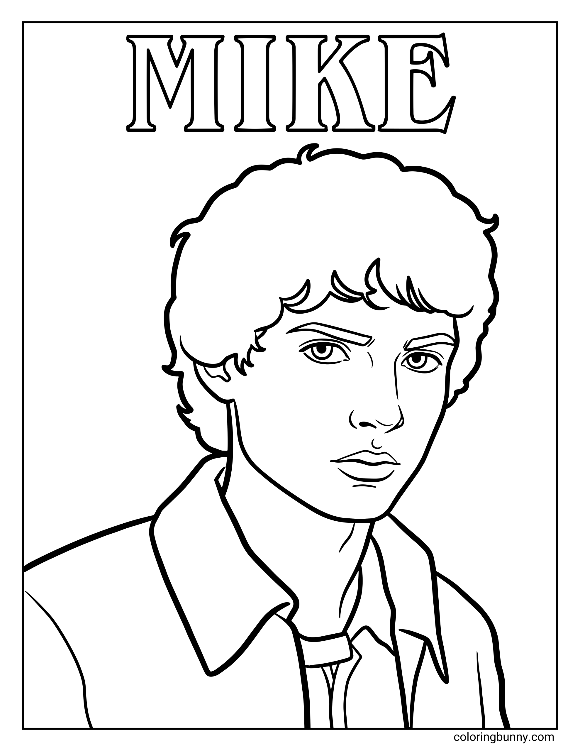 A Stranger Things coloring page of Mike Wheeler with his classic 80s hairstyle and collared shirt, with “MIKE” written above.