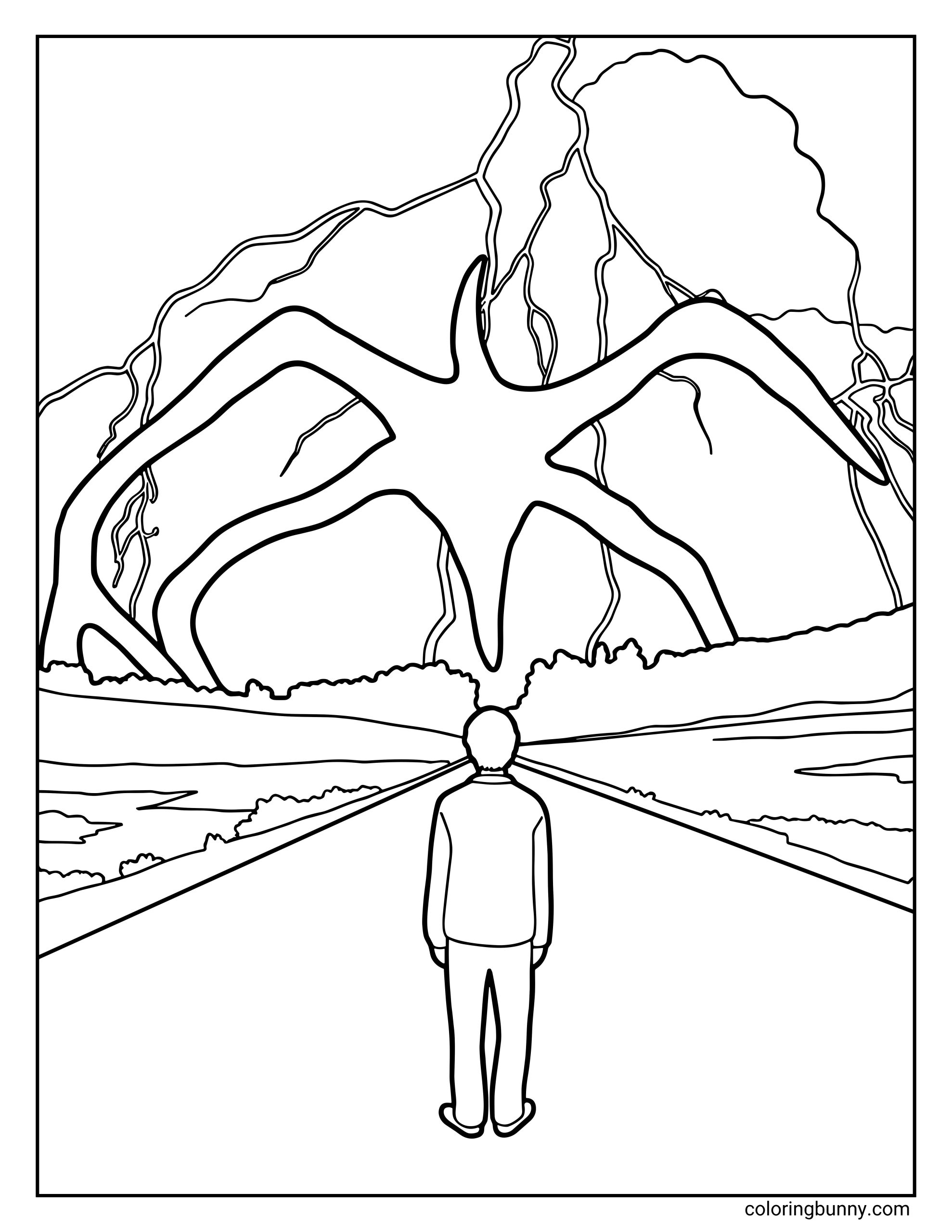 A Stranger Things coloring page of a lone figure standing in the middle of a road, looking up at the towering Mind Flayer rising over the landscape.