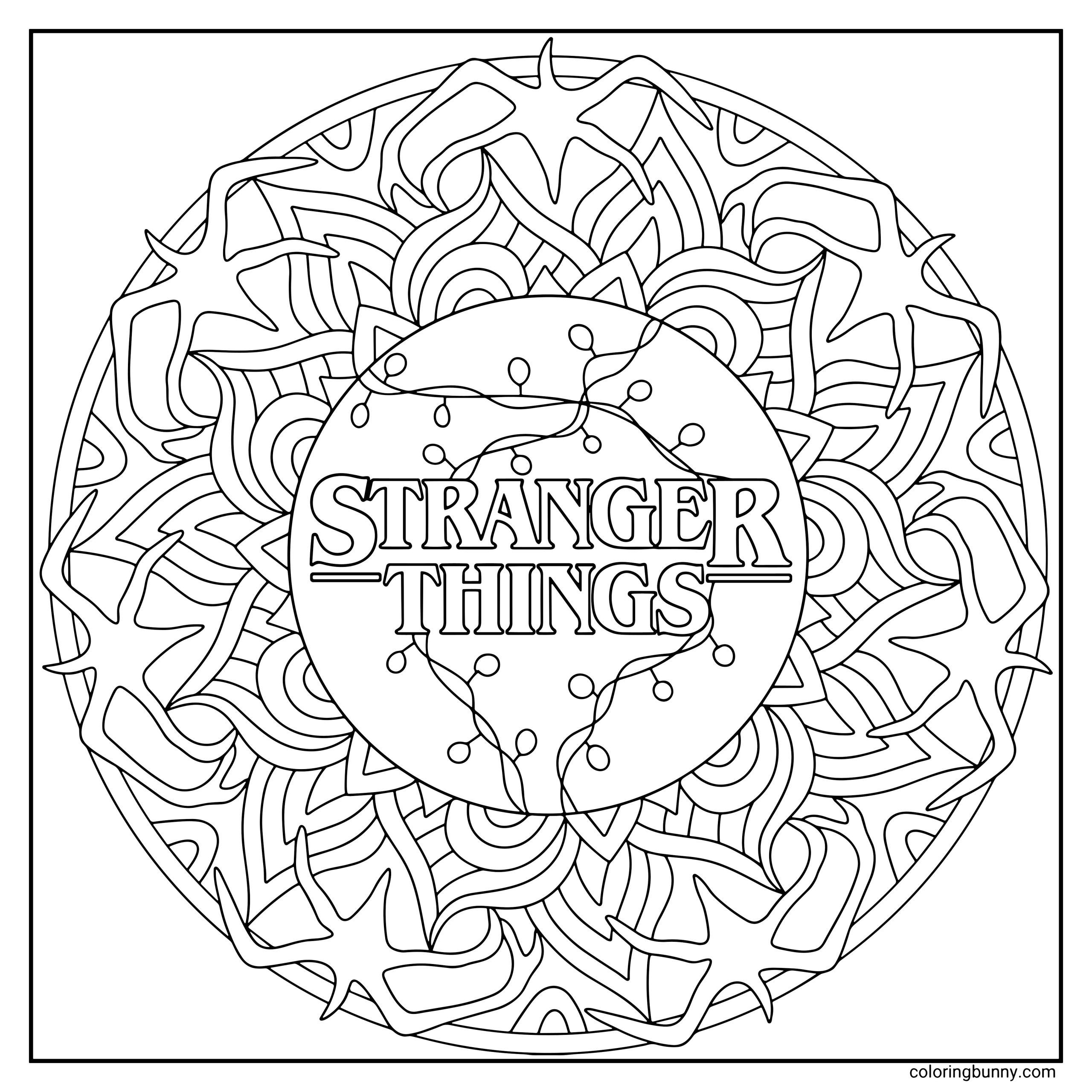 A Stranger Things mandala coloring page featuring a detailed circular mandala design. The center shows the Stranger Things logo wrapped in the series’ iconic glowing Christmas lights. Around the mandala are repeating silhouettes of the Mind Flayer’s twisting limbs and swirling patterns inspired by the Upside Down.