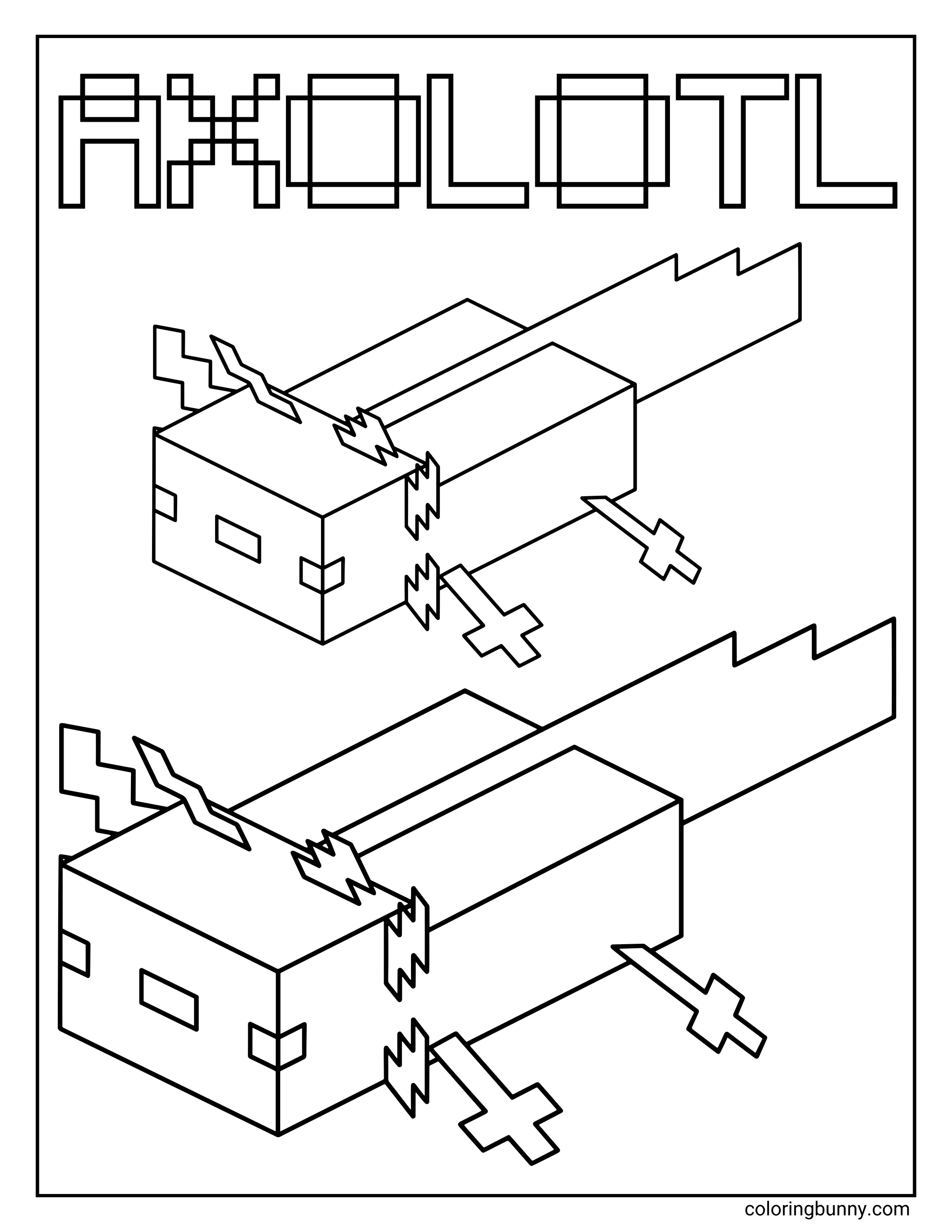 A Minecraft Axolotl coloring page featuring two blocky axolotls swimming underwater. The pixel-style creatures have their signature frilly gills and square faces.