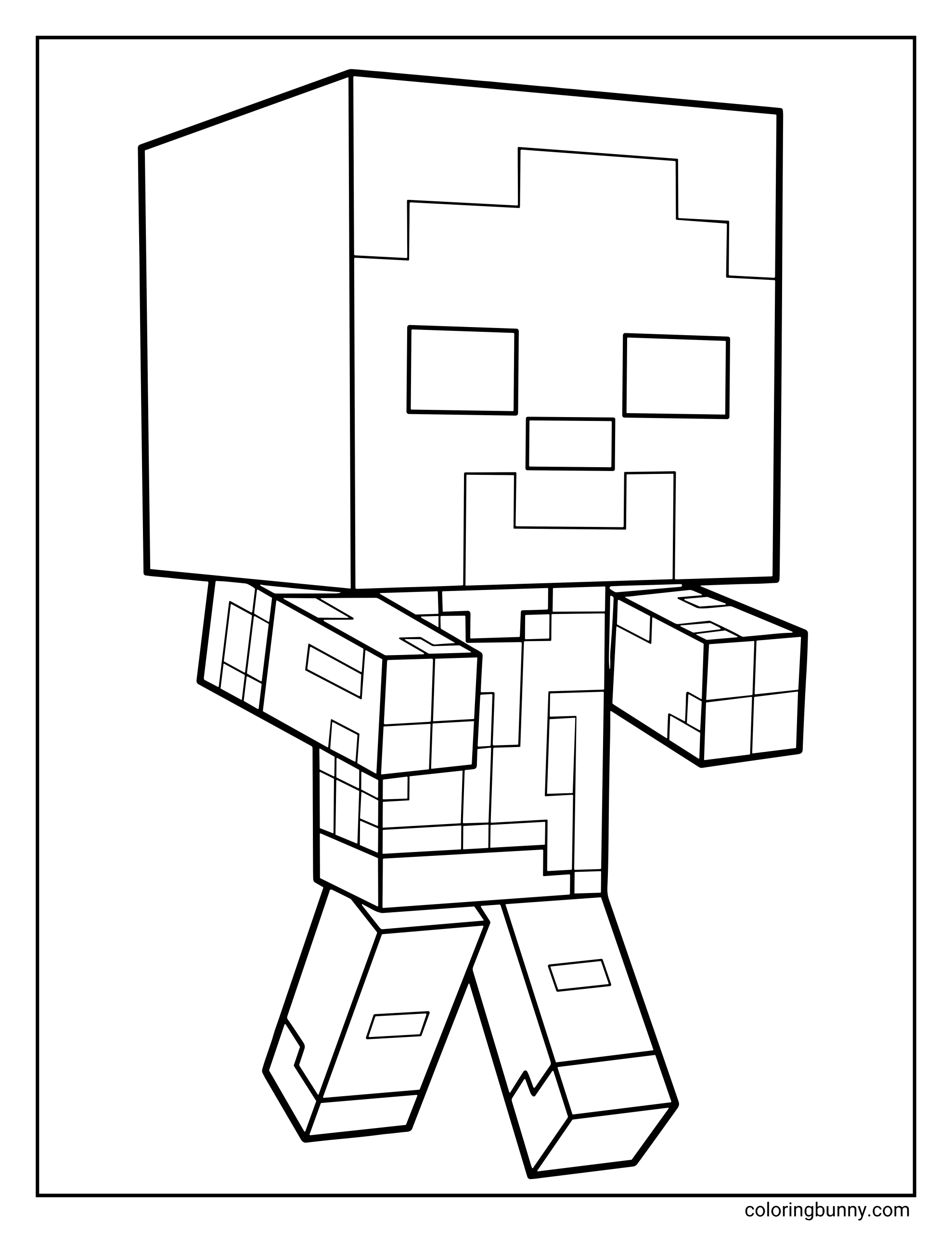 A Minecraft coloring page featuring a baby zombie with a large square head, pixelated face, and small blocky body, walking forward with arms out in the classic zombie pose.