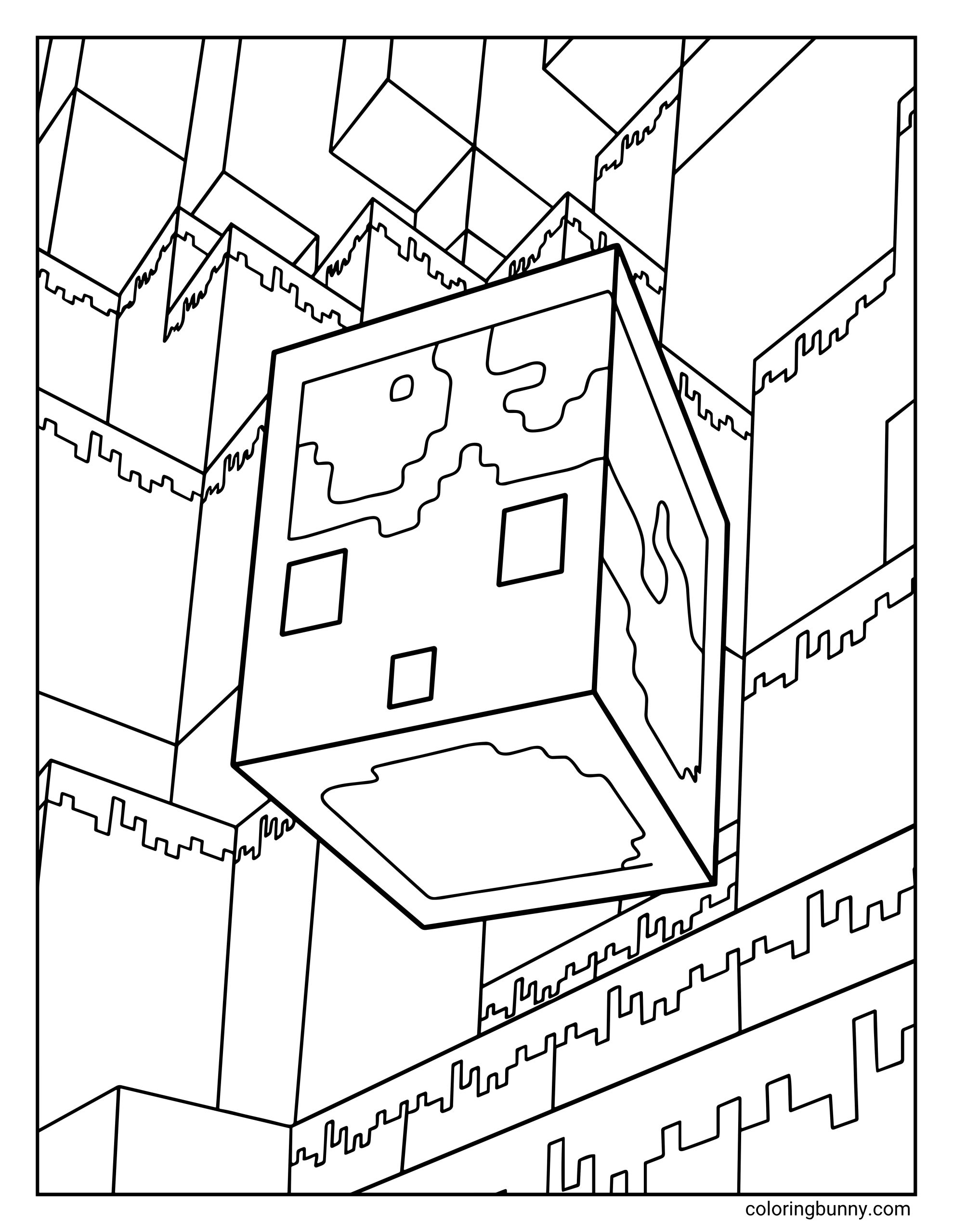 A Minecraft Chaos Cube coloring page featuring a new floating "Chaos Cube" suspended in a Sulfur Caves landscape of jagged, crystalline peaks and abstract geometric structures.