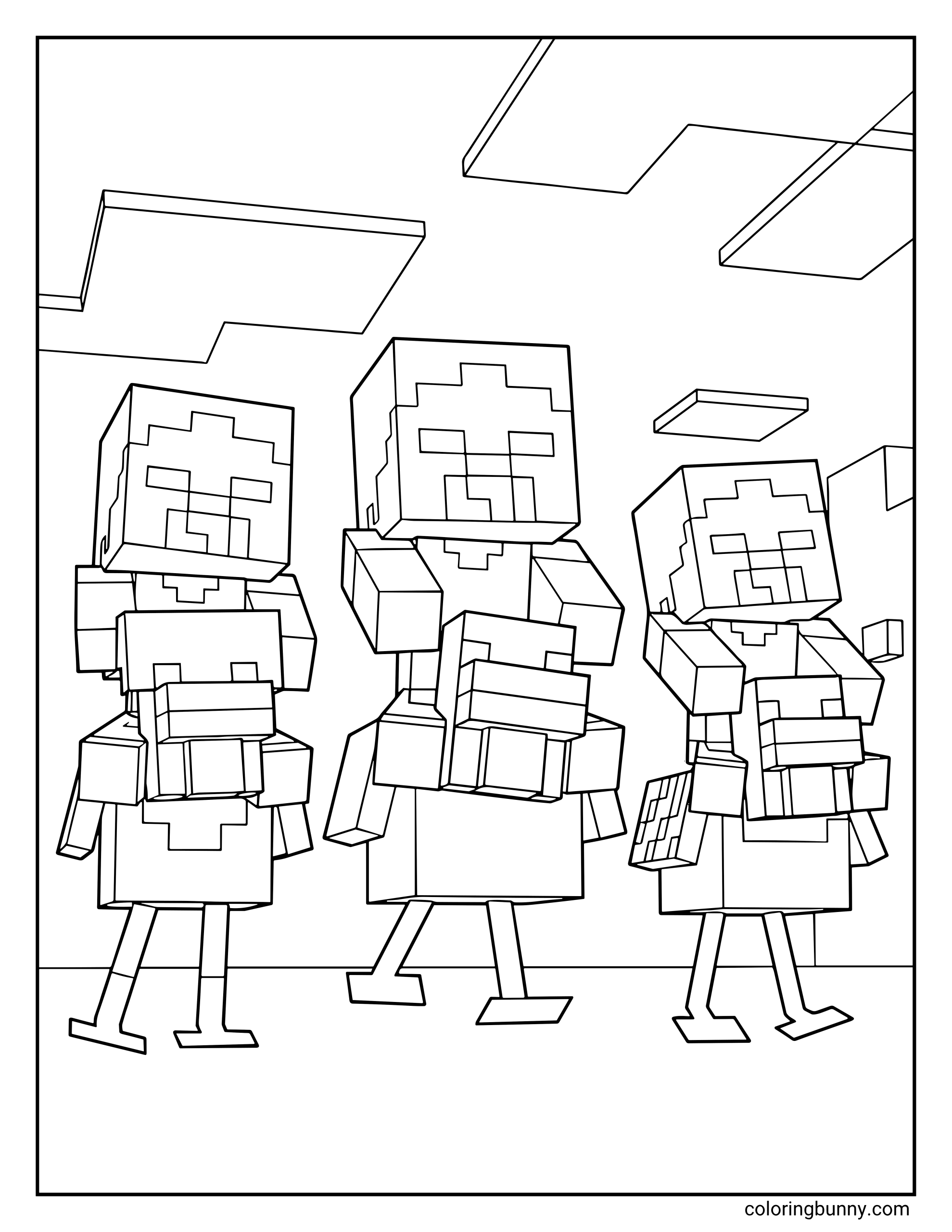 A Chicken Jockey Minecraft coloring page featuring three Baby Zombies riding on the backs of chickens, marching forward in the game’s signature pixelated style with clouds in the sky above.
