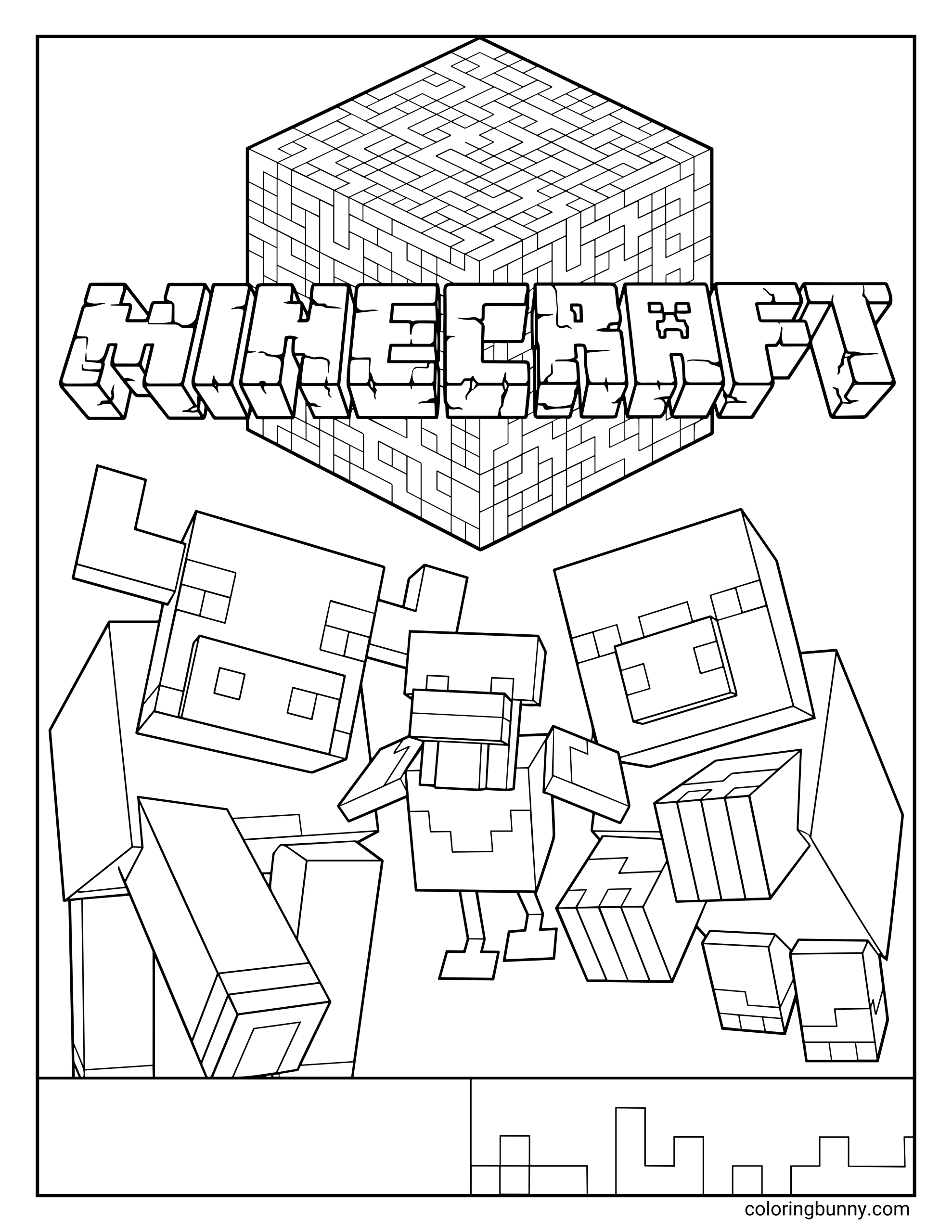 A Minecraft coloring page featuring two cows and a chicken standing together below the Minecraft logo and a large pixelated block.