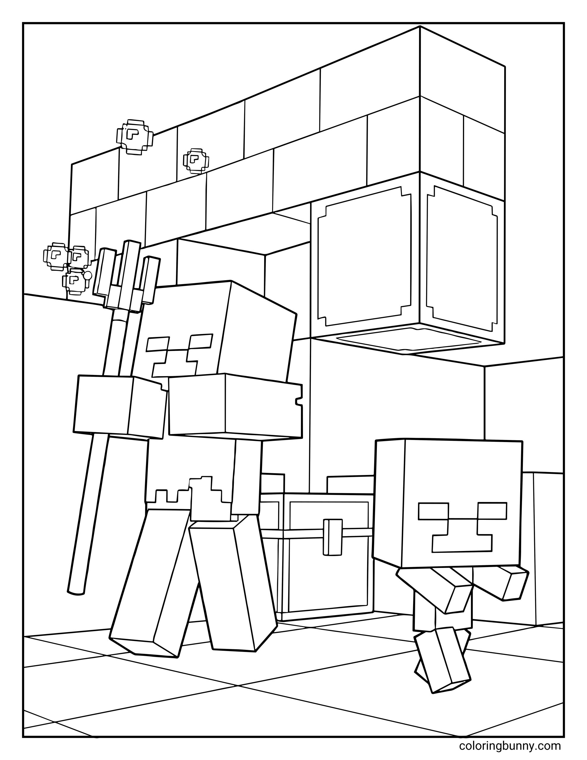 A Minecraft coloring page featuring a drowned holding a trident standing inside an underwater ruin, with a small gurgle mob walking nearby, treasure chests, and blocky ocean temple structures around them.