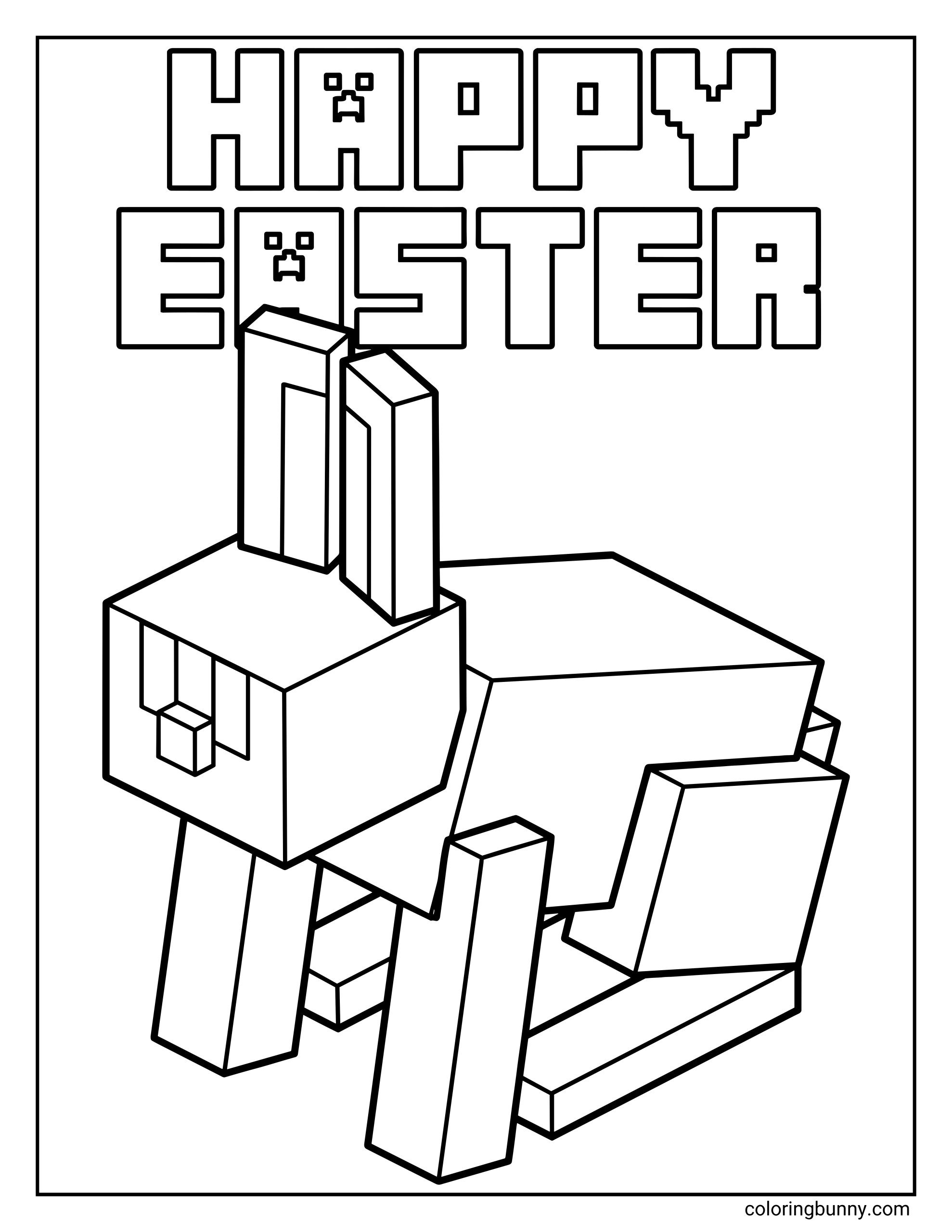 A Minecraft Easter Bunny coloring page featuring a blocky bunny sitting beneath large “Happy Easter” text in a fun pixel-style design.