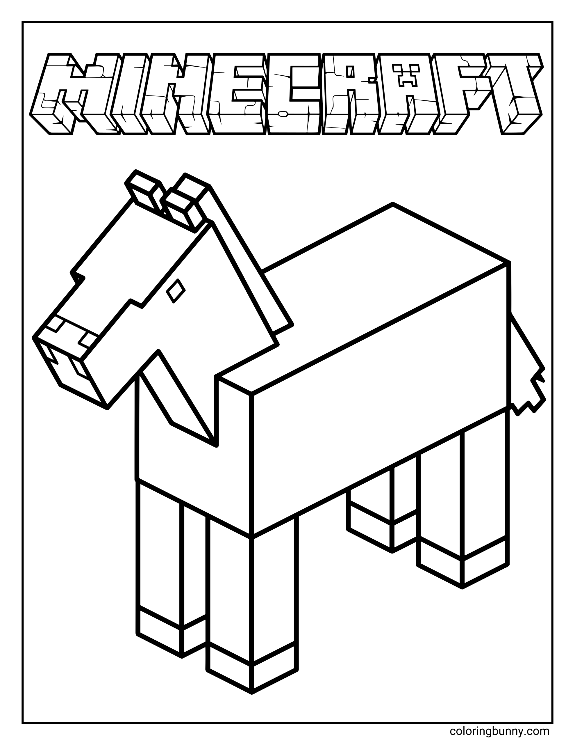 A Minecraft horse coloring page featuring a blocky horse standing proudly under the classic Minecraft logo, drawn in the game’s pixelated cube style.