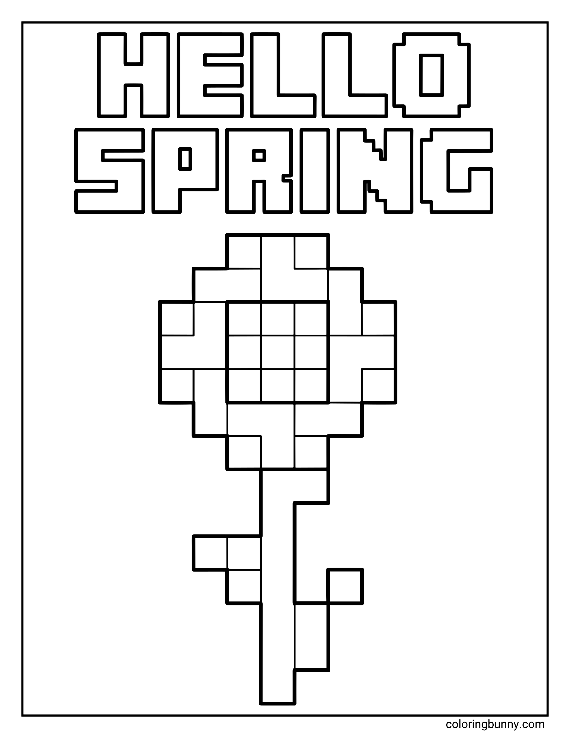 A Minecraft coloring page featuring a pixel-style daisy flower with a tall stem and square petals, with the words “Hello Spring” in bold block letters above.