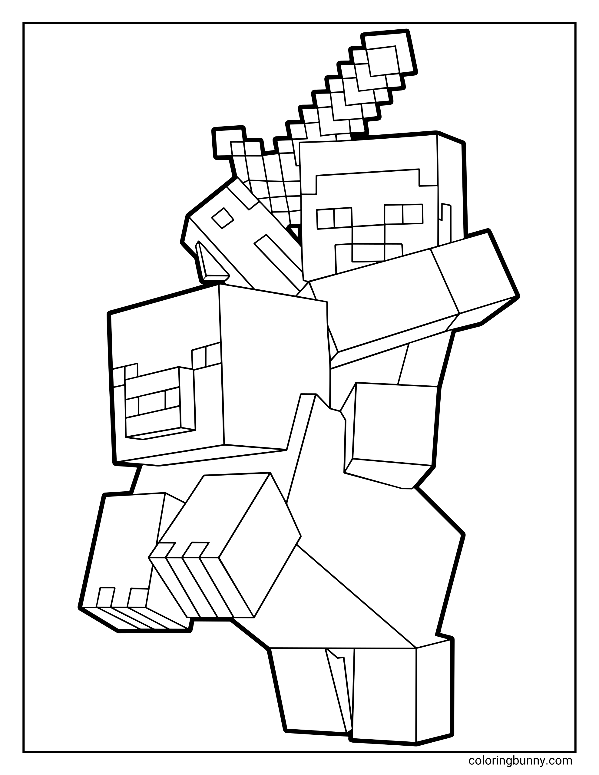A Minecraft coloring page featuring Steve riding on the back of a pig while holding a pixelated sword, all drawn in the classic blocky Minecraft style.