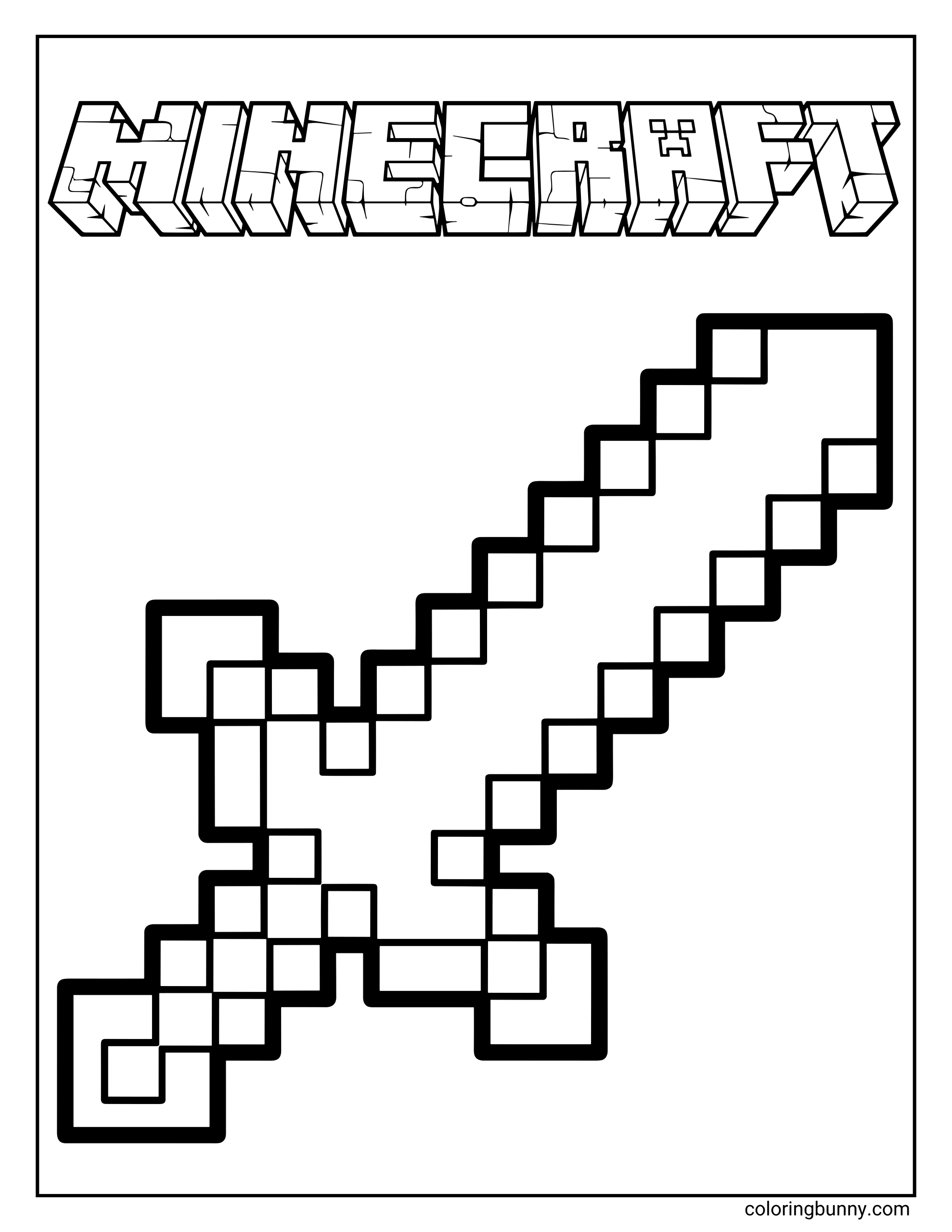 A Minecraft coloring page featuring a large pixelated sword beneath the Minecraft logo. The sword is drawn in the game’s classic blocky style.