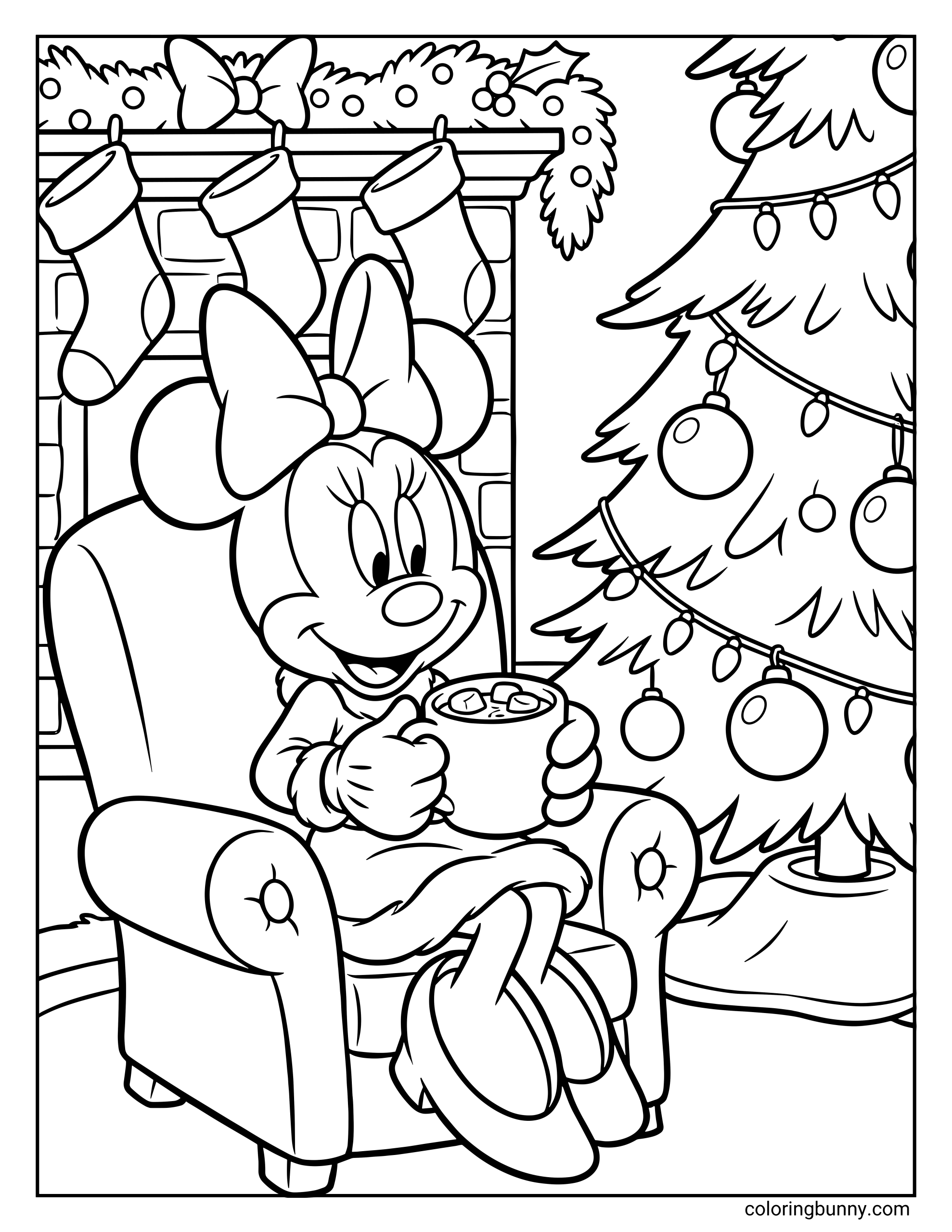 A Disney Christmas coloring page of a cheerful Minnie Mouse sitting in a cozy armchair, holding a mug of hot chocolate with marshmallows. A decorated Christmas tree, fireplace with hanging stockings, and festive garland complete the warm holiday scene.