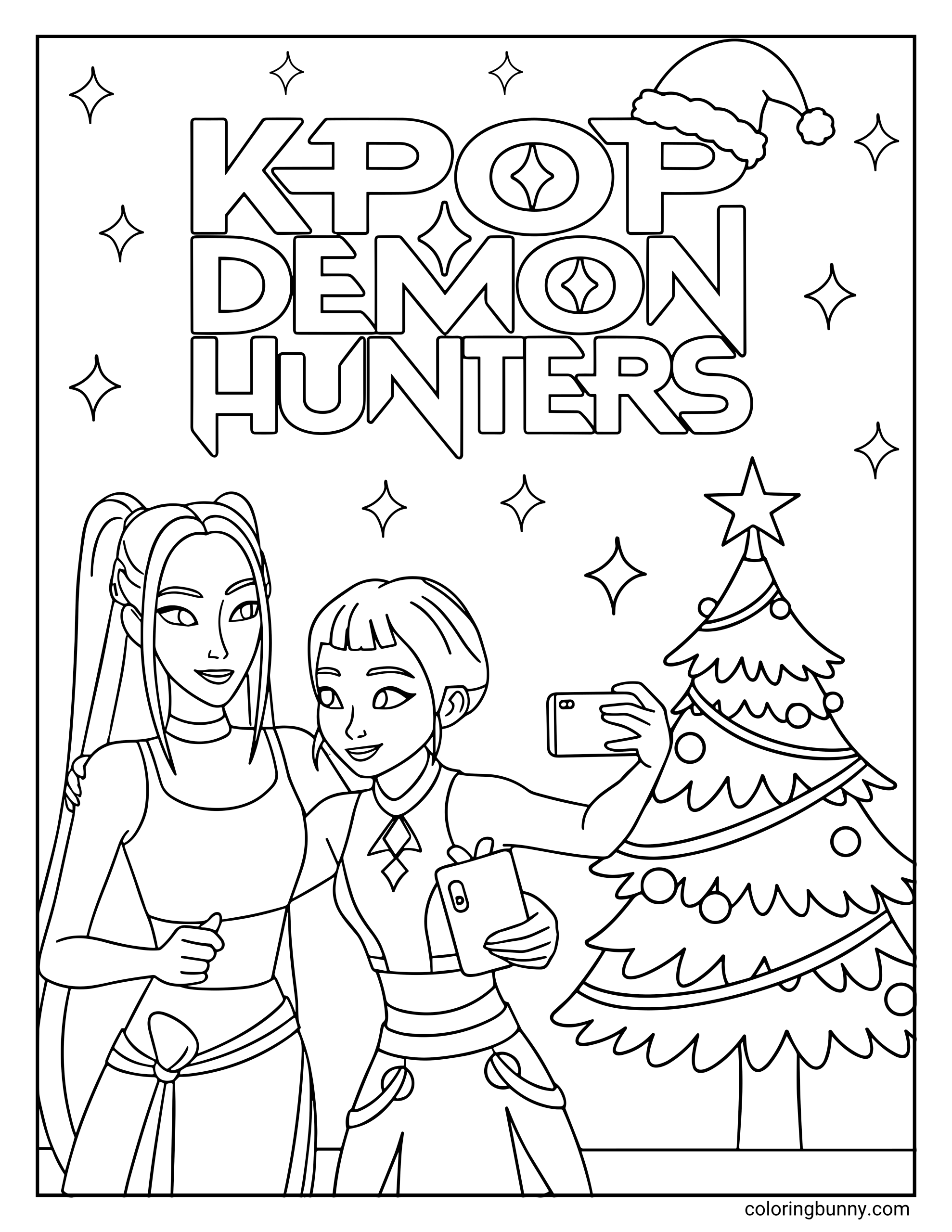 A coloring page of Mira and Zoey from K-Pop Demon Hunters posing for a festive Christmas selfie beside a decorated tree, under the “K-POP DEMON HUNTERS” logo with sparkles and a Santa hat.