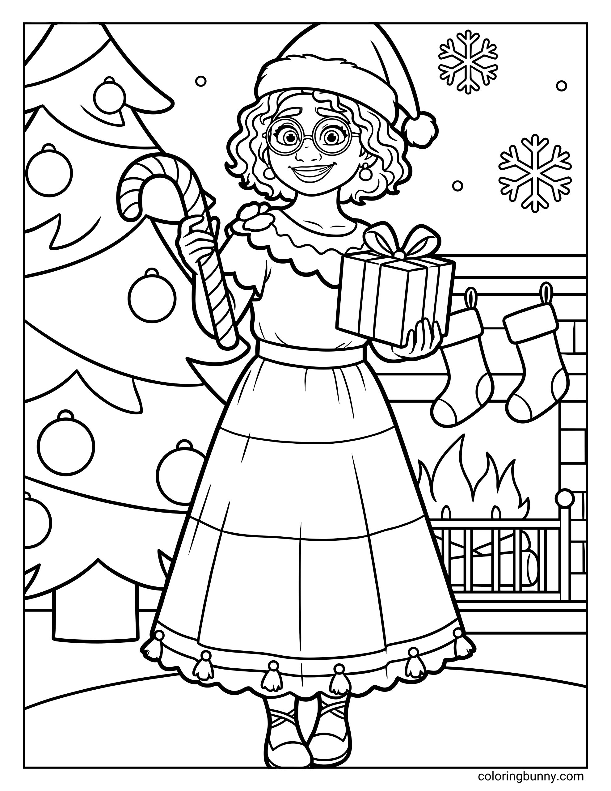 An Encanto Disney Christmas coloring page of Mirabel Madrigal wearing a Santa hat and a long festive dress while holding a candy cane and a wrapped present. She stands in front of a decorated Christmas tree and a cozy fireplace with stockings and snowflakes in the background.