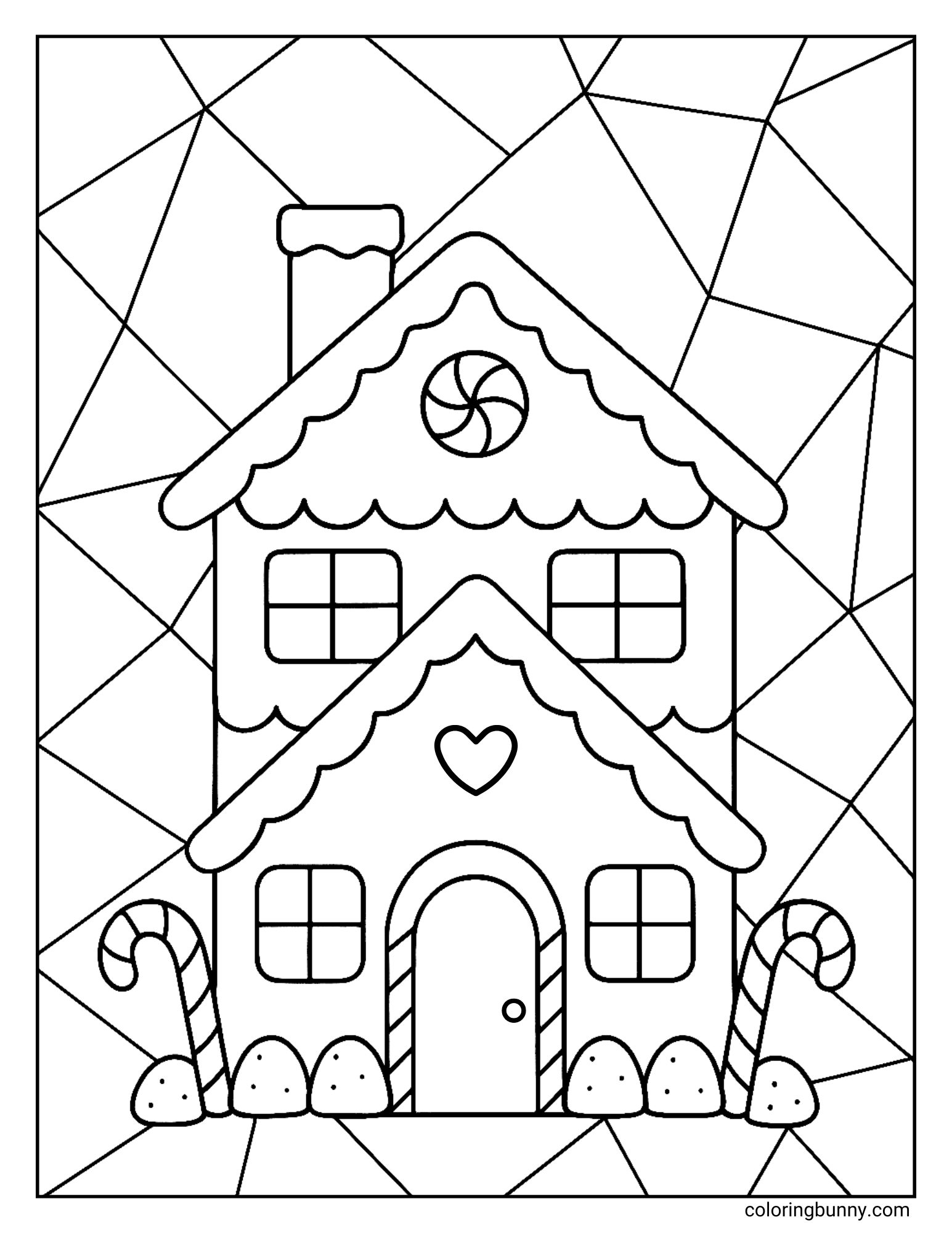 A gingerbread house coloring page showing a tall, two-story gingerbread house with a chimney. The house features a peppermint swirl on the top roof, a heart on the lower roof, and is set against a geometric pattern.