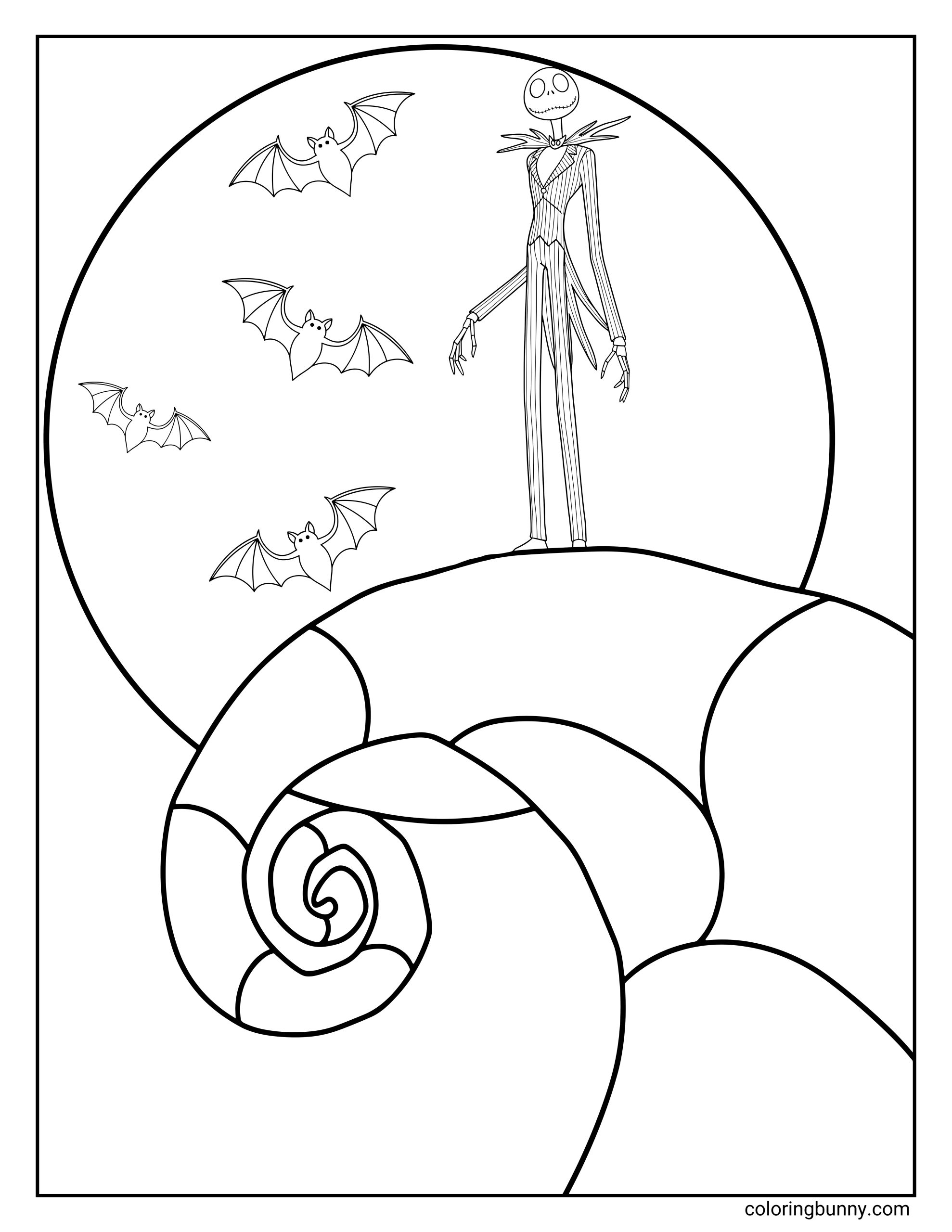 A Nightmare Before Christmas coloring page featuring Jack Skellington standing on the curled hilltop, silhouetted against a large full moon. Several bats fly around him, and the spiral hill is shown in big swirling sections in the foreground.