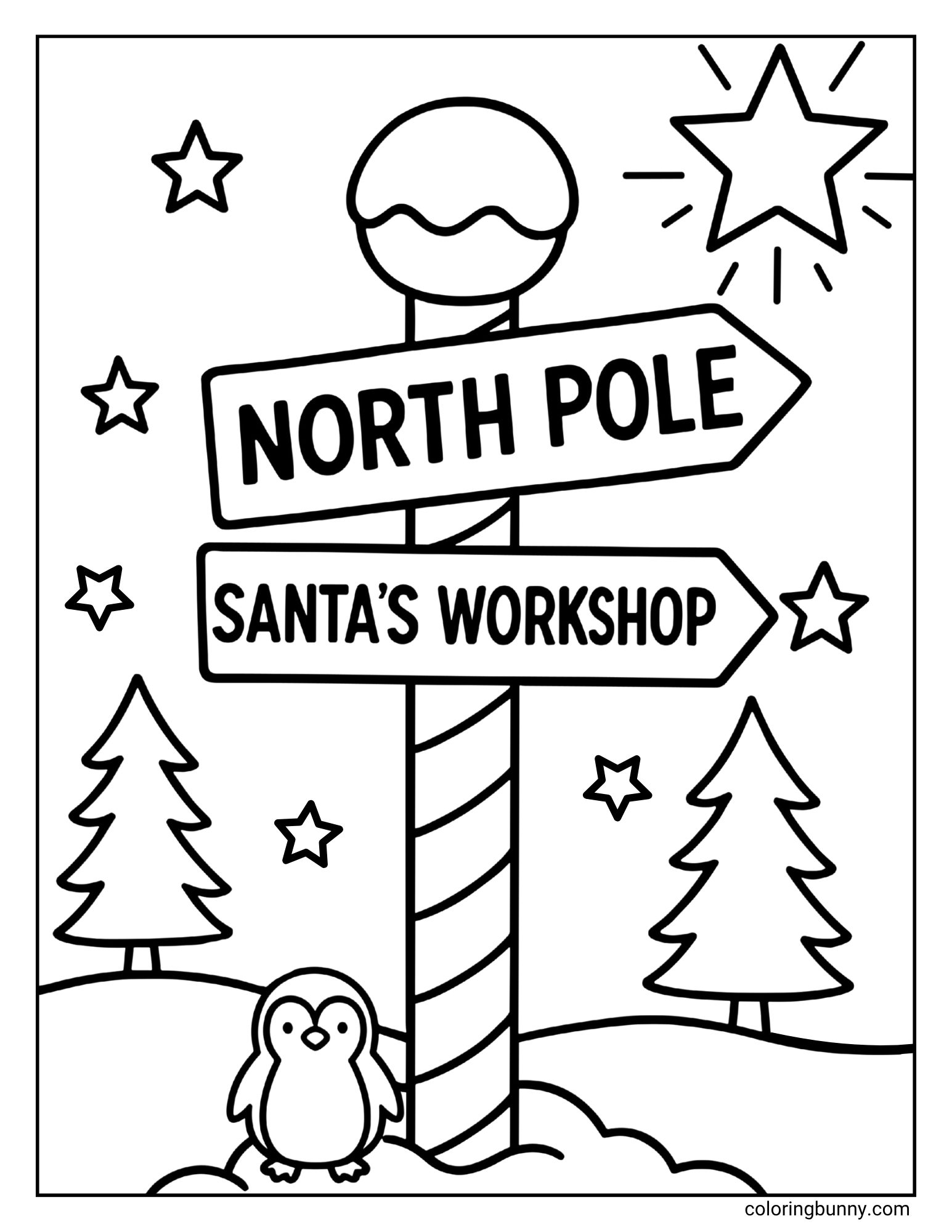 A black and white coloring page. A signpost with a striped pole has two signs reading "NORTH POLE" and "SANTA'S WORKSHOP". A small penguin stands at the base. The background is a snowy scene with pine trees and stars.