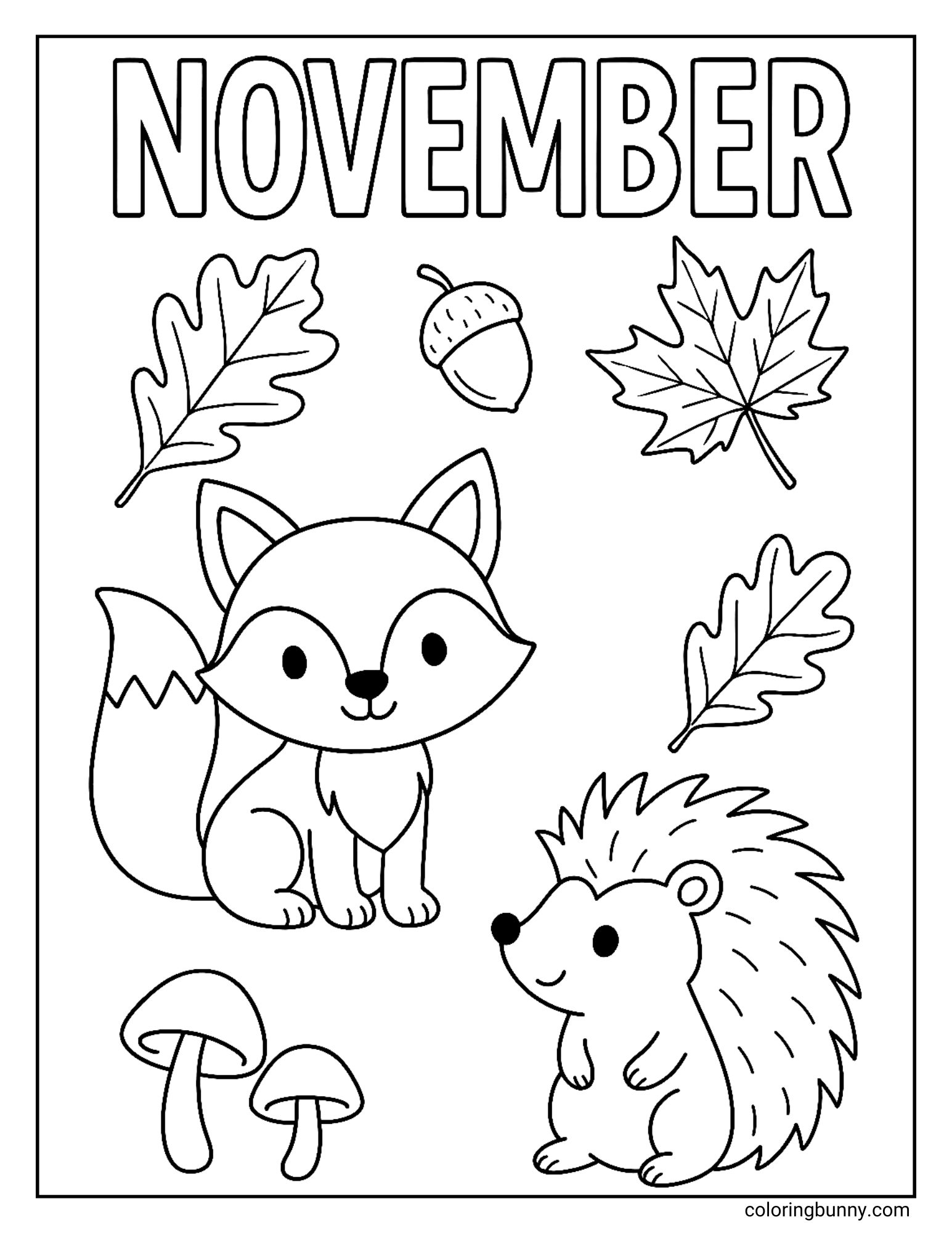 A black and white coloring page with the word "NOVEMBER" at the top. It features a cute fox and a hedgehog, surrounded by autumn leaves, an acorn, and mushrooms.