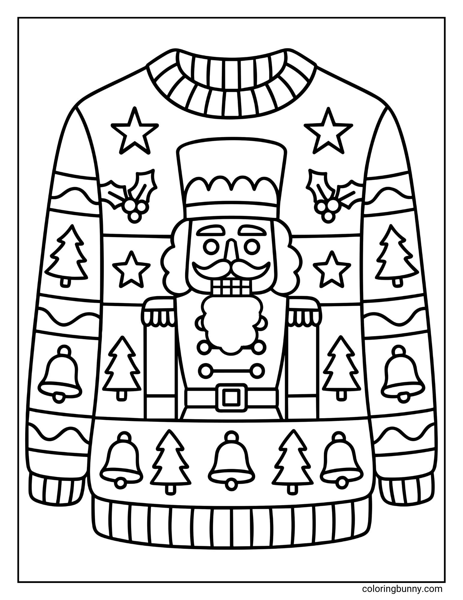 A coloring sheet featuring a patterned Christmas jumper. The central design displays a Nutcracker soldier in uniform, surrounded by rows of bells, pine trees, stars, and holly leaves.