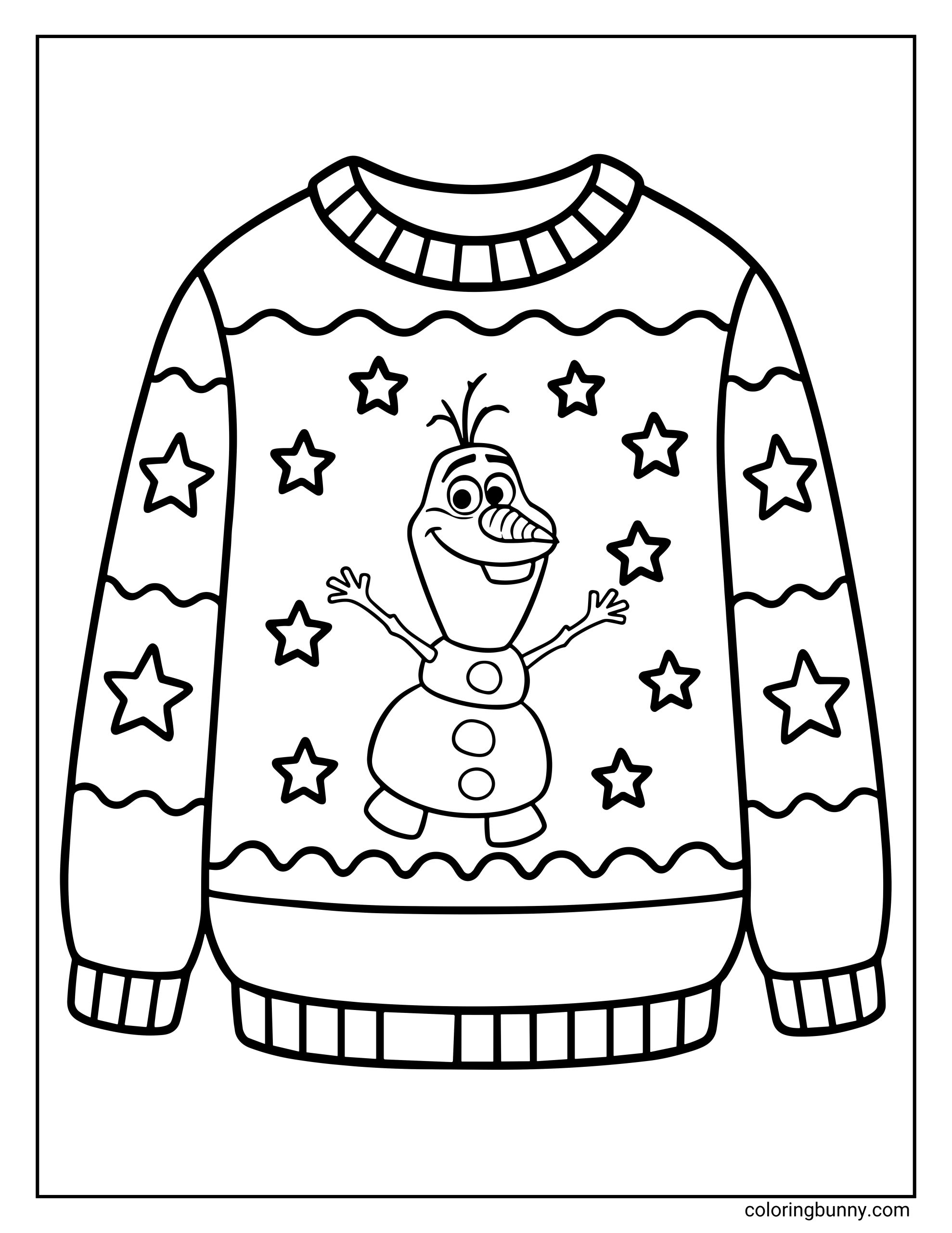 A Frozen-themed coloring page showing a cozy Christmas sweater decorated with stars and a cheerful Olaf in the center, smiling with his arms raised.