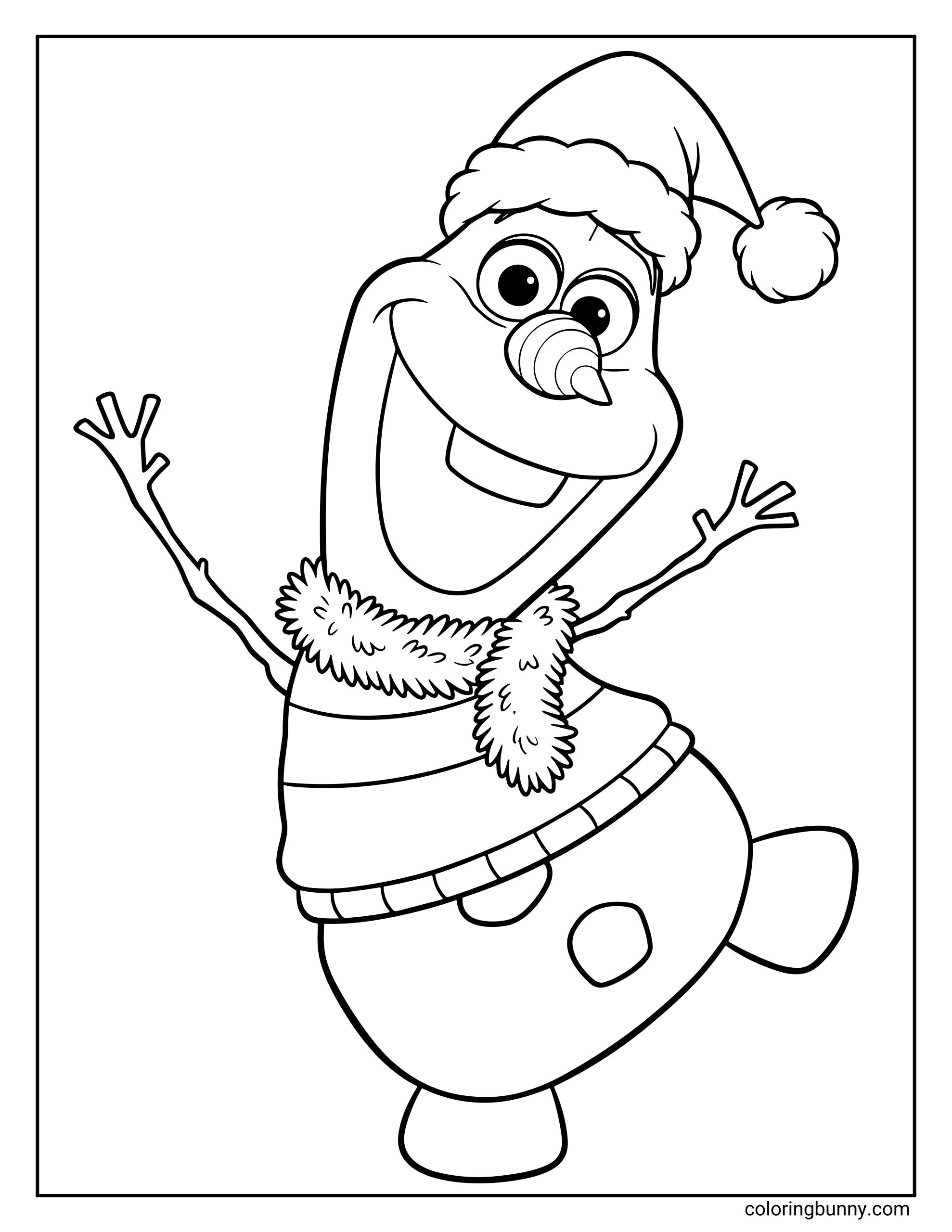 A Frozen Disney Christmas coloring page of Olaf, a cheerful snowman wearing a Santa hat, striped sweater, and fluffy tinsel scarf. He stands on one foot with arms outstretched, smiling widely with a festive, playful pose.