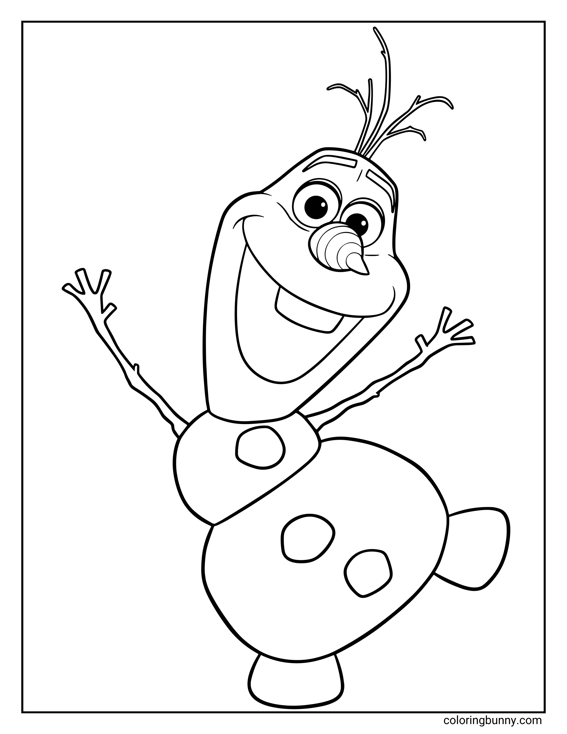 A simple Olaf coloring page showing Olaf happily dancing with his arms stretched wide, one leg kicked up, and a huge cheerful smile on his face. His snowball body has three round buttons.
