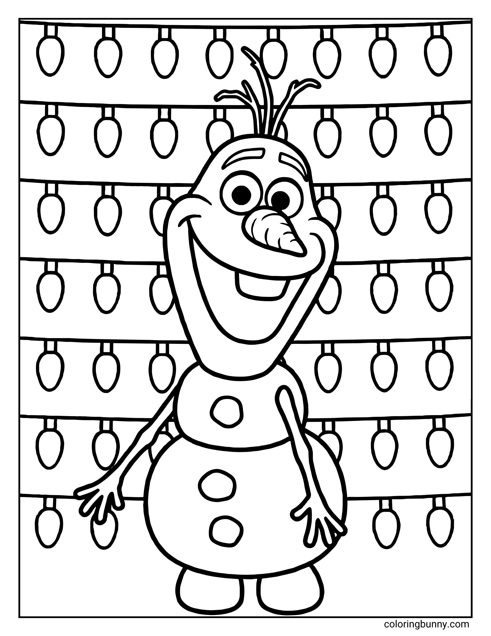 A Frozen Disney Christmas coloring page of a cheerful Olaf standing in front of rows of large hanging Christmas lights. He smiles widely with stick arms outstretched and buttons down his round snow body.