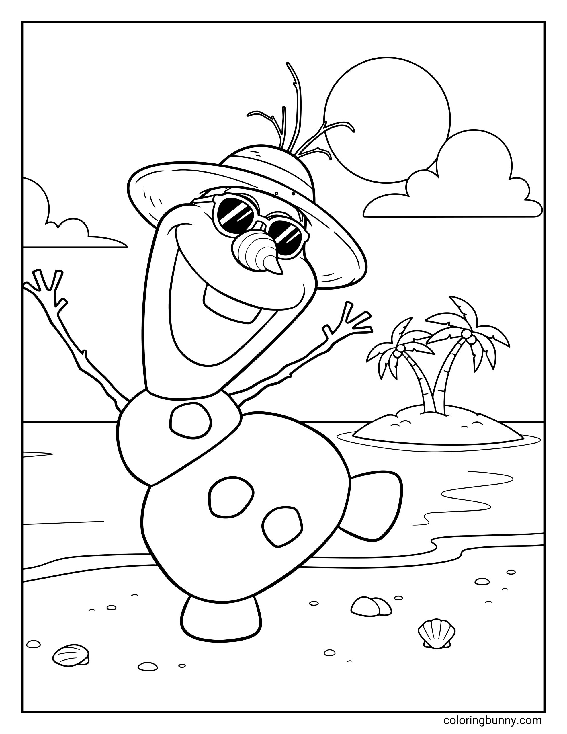 A Frozen coloring page featuring Olaf enjoying a sunny beach scene. He’s wearing sunglasses and a wide-brimmed hat while smiling joyfully, with waves, an island of palm trees, seashells, clouds, and a large sun in the background.
