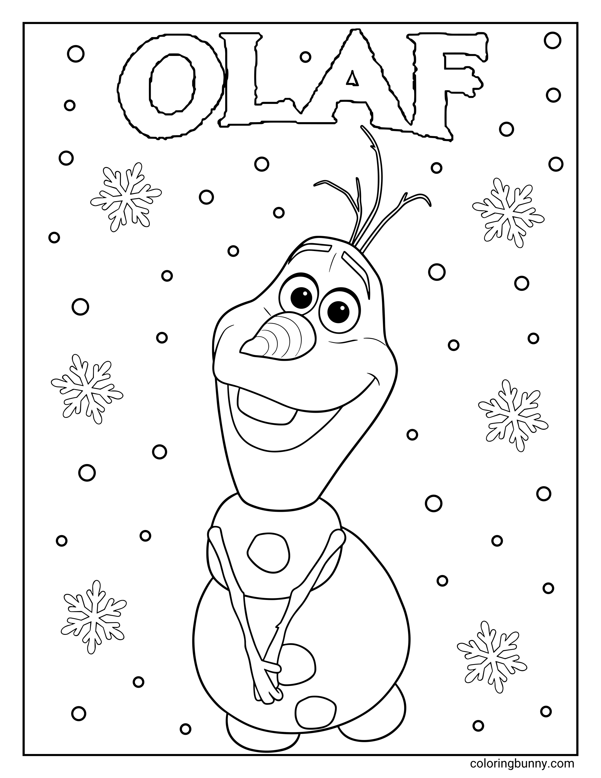 A Frozen coloring page featuring Olaf standing cheerfully with his hands clasped, smiling widely. His name “OLAF” appears at the top in bold icy letters, with snowflakes and small circles scattered around him.