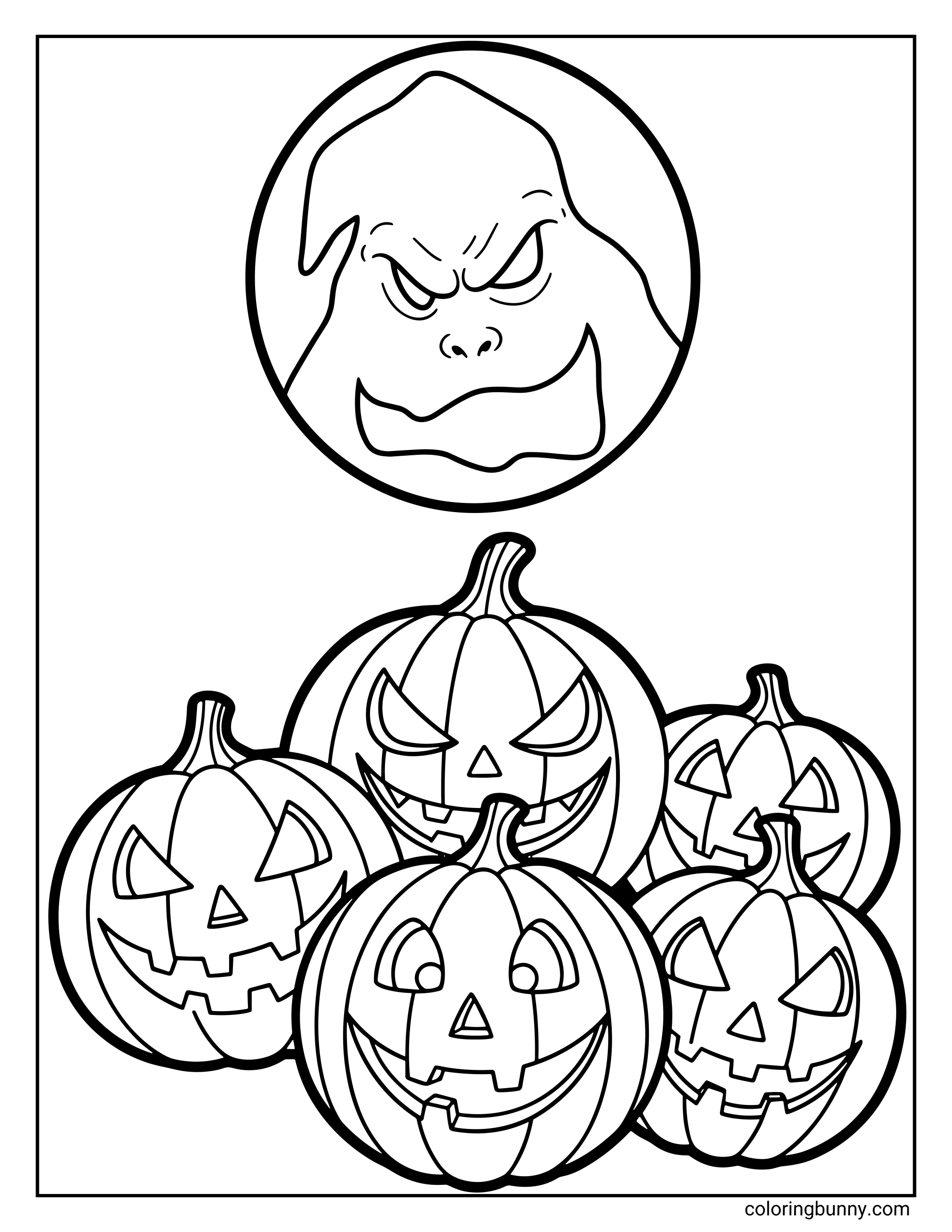 A Nightmare Before Christmas coloring page featuring Oogie Boogie’s menacing face inside a full moon above a pile of carved jack-o’-lanterns. The pumpkins have different spooky expressions, arranged in a clustered group beneath the moon.