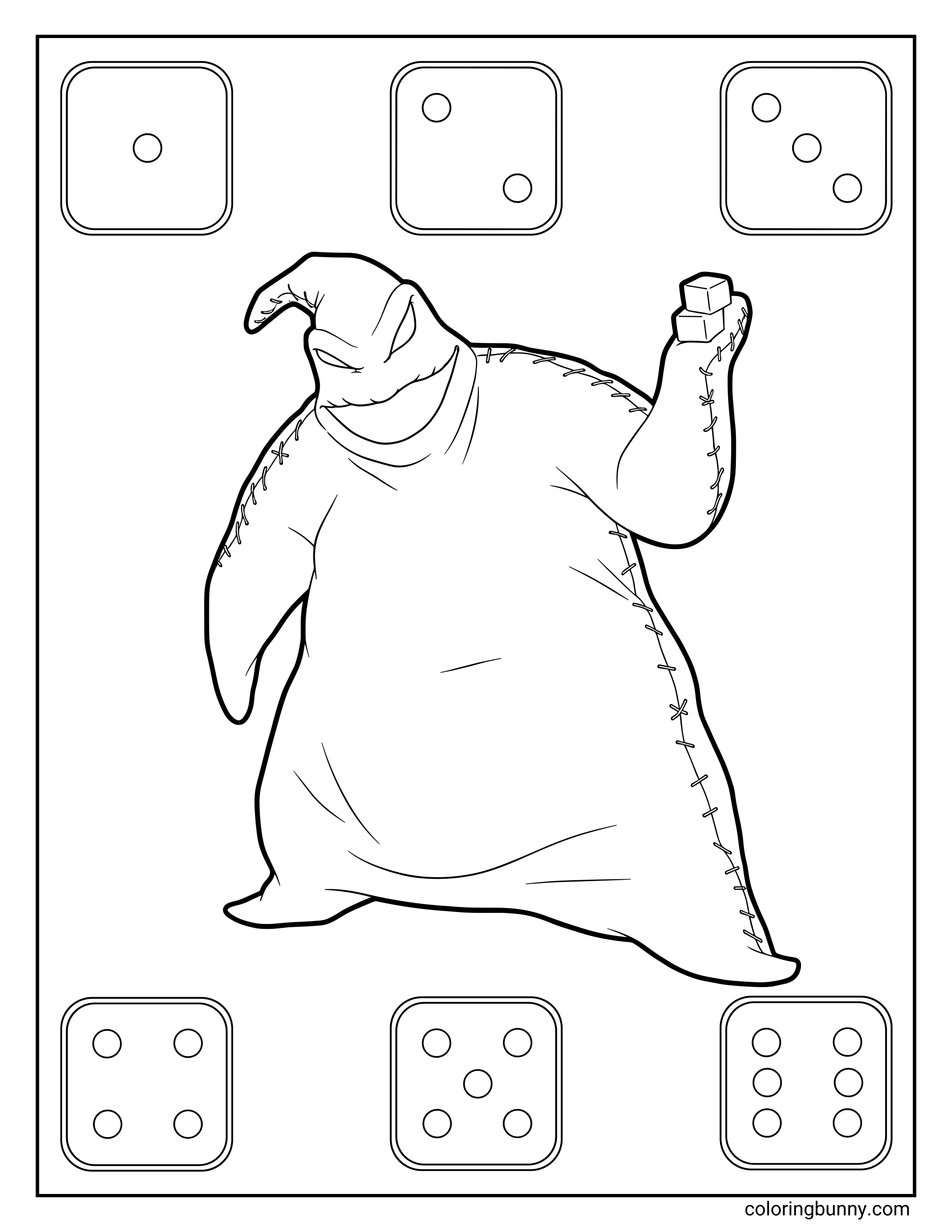 A Nightmare Before Christmas coloring page featuring Oogie Boogie standing with a sly grin, holding a pair of dice in one hand. Dice with different numbers surround him along the top and bottom of the page. His stitched, sack-like body is shown with loose folds and seams.