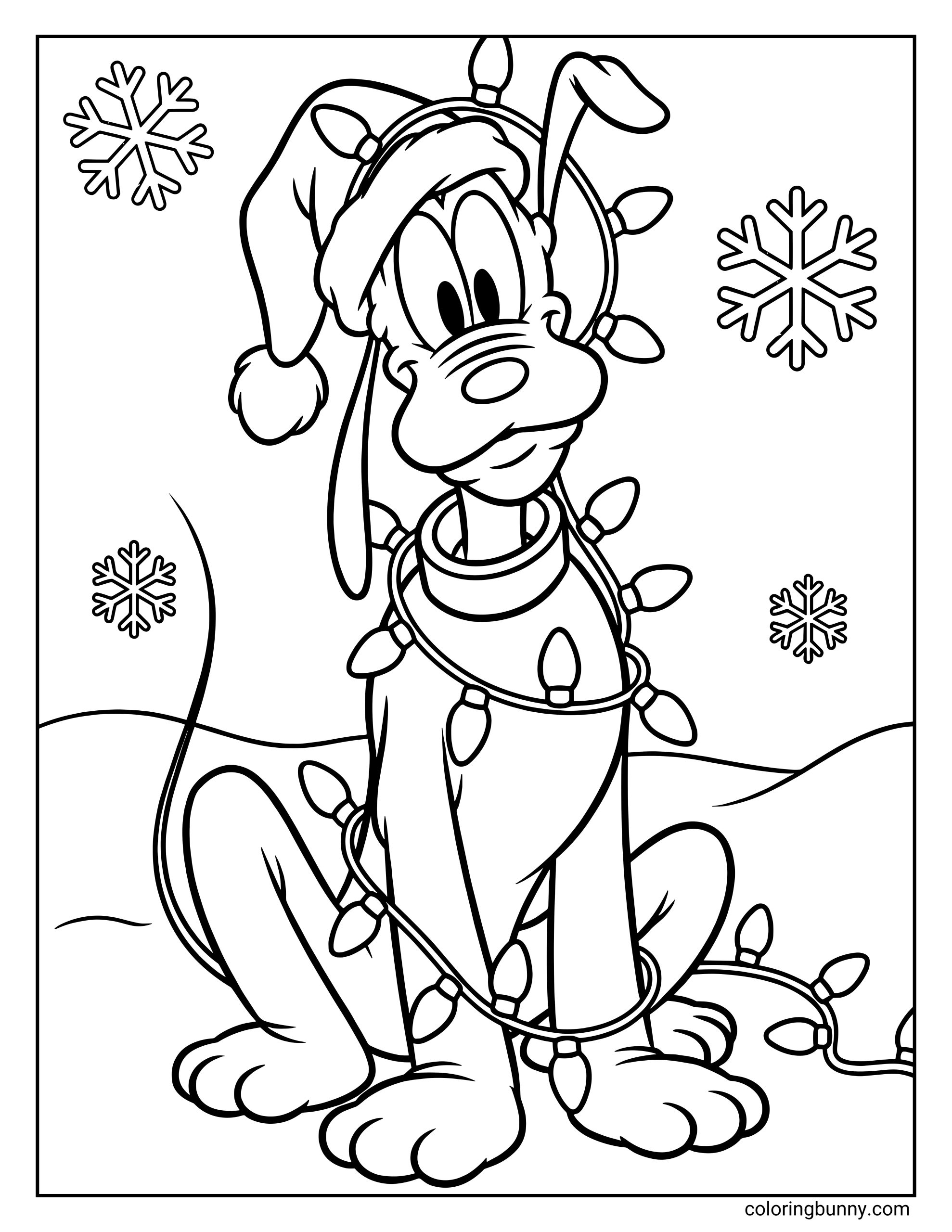 A Disney Christmas coloring page of a playful dog wearing a Santa hat and sitting in the snow while tangled in a string of Christmas lights. Snowflakes fall around him as he looks up with a cheerful, slightly mischievous expression.