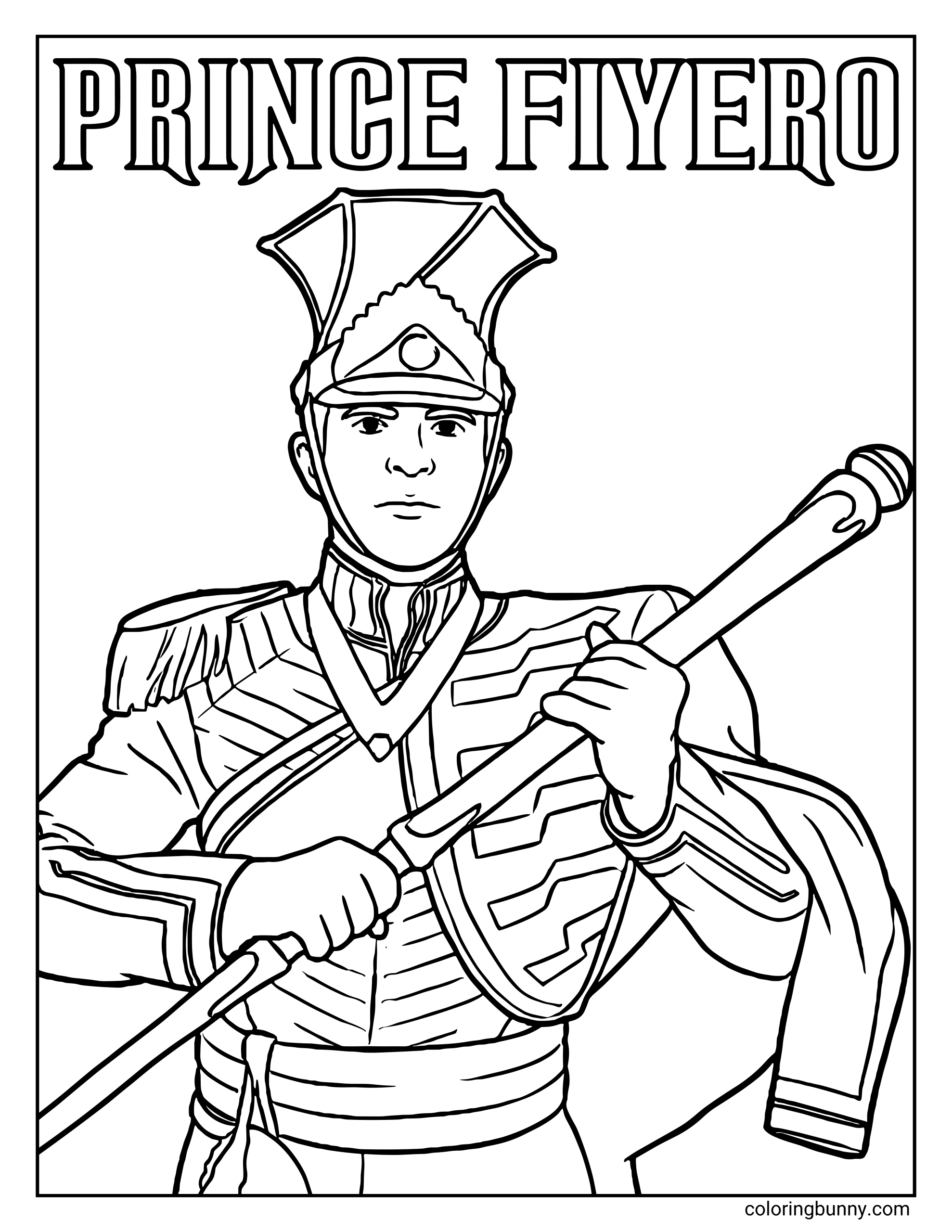 A Wicked For Good coloring page of Prince Fiyero standing confidently in an ornate military-style uniform. He holds a long staff across his body, wearing a detailed jacket with shoulder tassels and a decorative hat. The text “PRINCE FIYERO” appears at the top.
