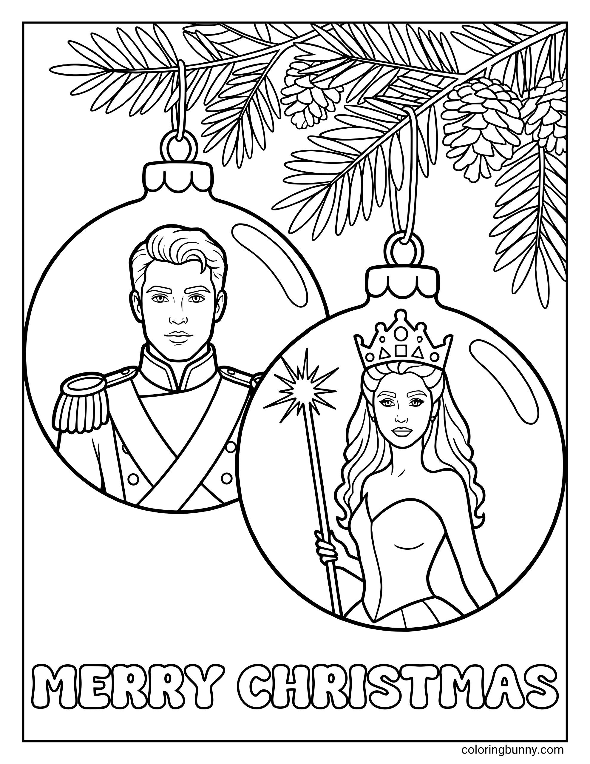 A Wicked Christmas coloring page featuring two baubles hanging from a pine branch, each with a character inside. One bauble shows Prince Fiyero in a decorated uniform, and the other shows Glinda holding a wand and wearing a crown. Pine needles and cones frame the scene above the bold “Merry Christmas” text.