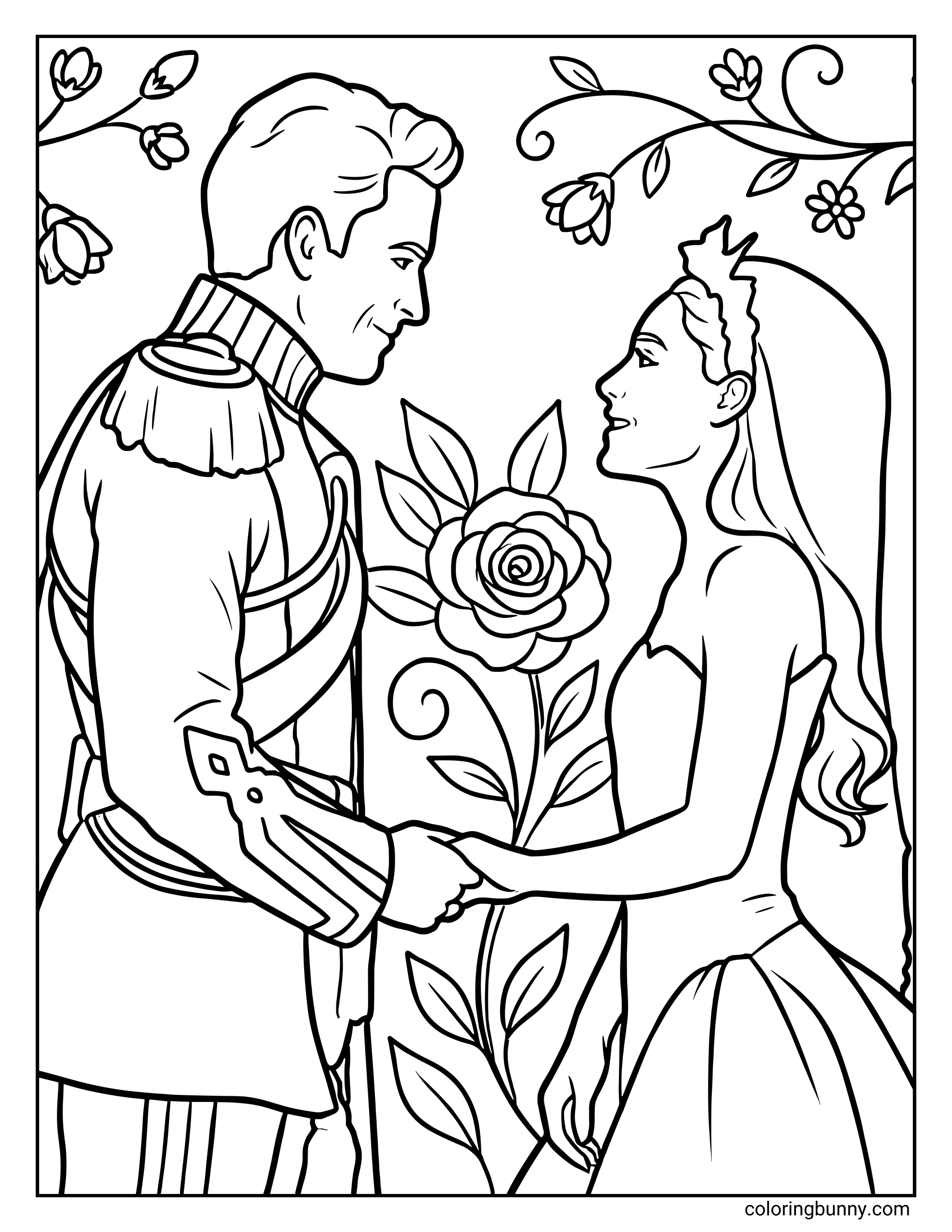 A Wicked For Good wedding day coloring page featuring Prince Fiyero in a decorated uniform holding hands with Glinda in a flowing gown. They face each other lovingly with a large rose blooming between them, surrounded by swirling vines and small flowers.