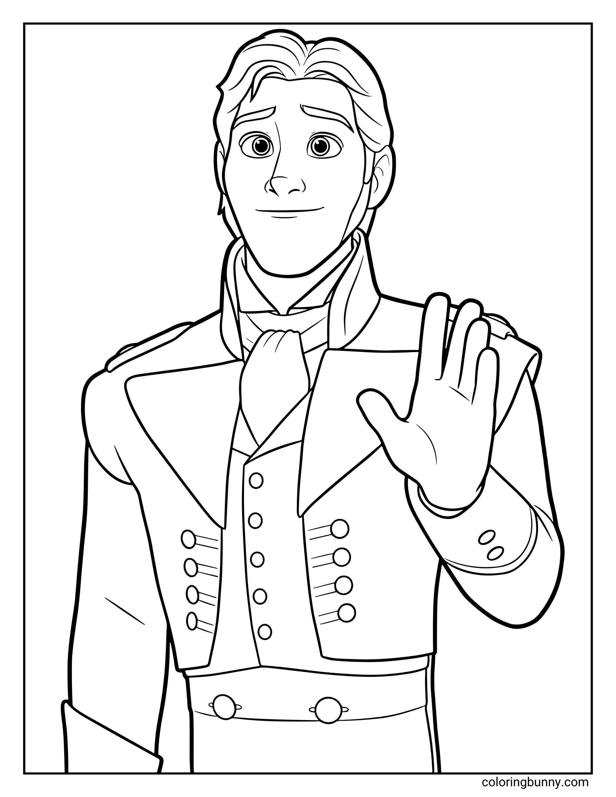 A Frozen coloring page of Prince Hans standing and waving with a polite smile. He’s wearing his formal Arendelle-style uniform with shoulder pads, buttons, and a cravat.