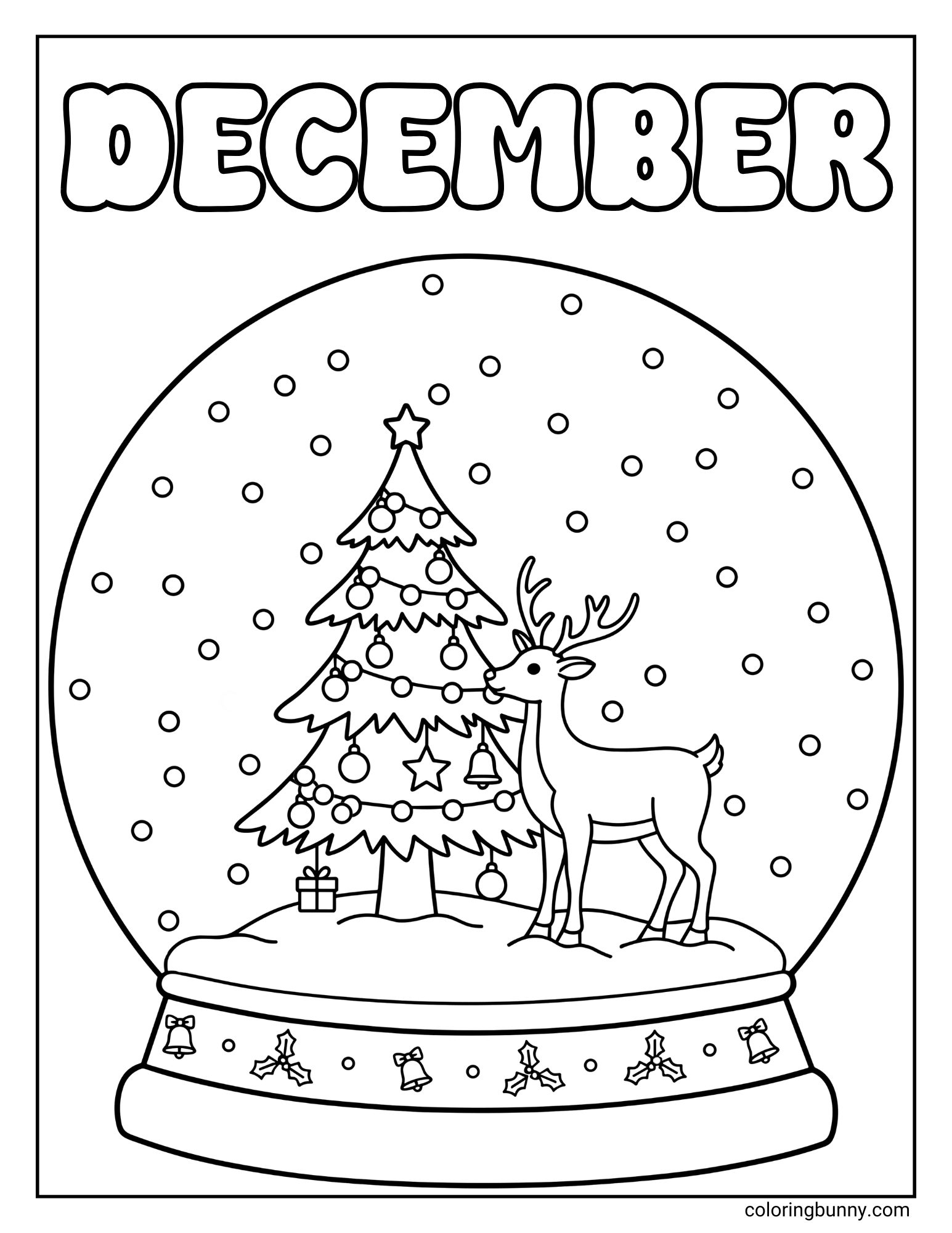 A December coloring sheet featuring the text "DECEMBER" in bubble letters above a snow globe. Inside, a reindeer stands next to a decorated Christmas tree under falling snow, resting on a base adorned with bells.