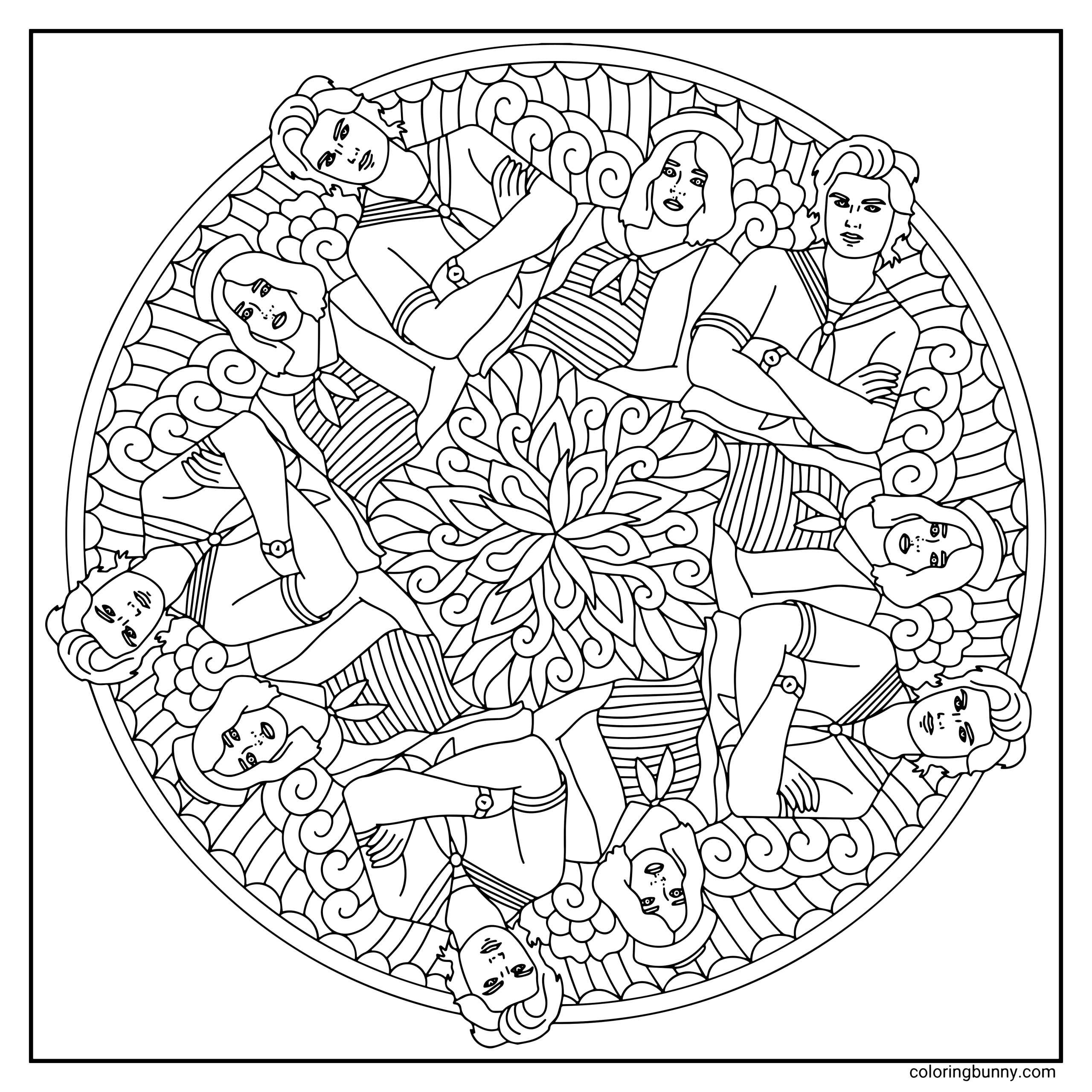 A Stranger Things coloring page featuring a detailed mandala design made up of repeating illustrations of Steve Harrington and Robin Buckley in their Scoops Ahoy uniforms, arranged in a circular pattern with intricate swirls and floral shapes in the background.