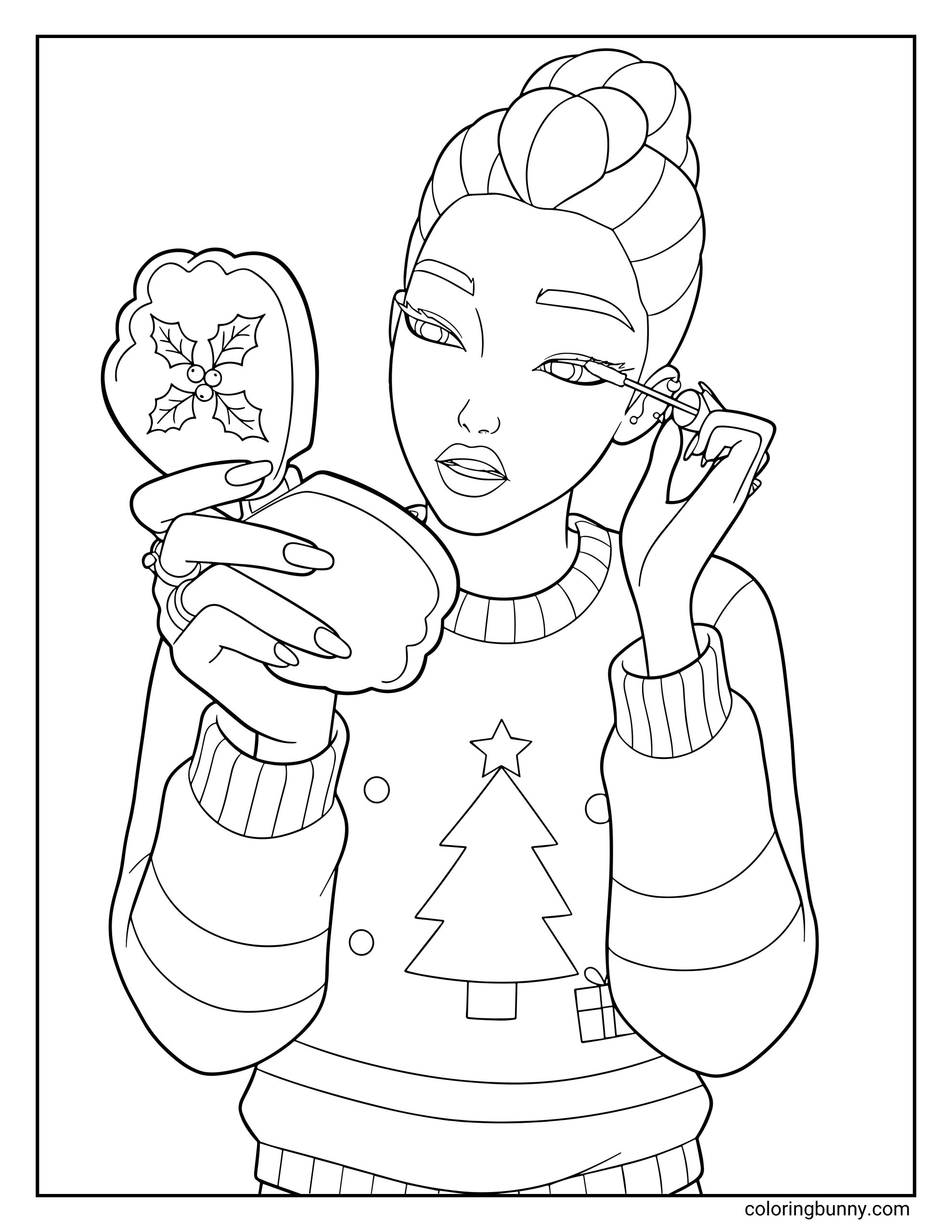 A coloring page Rumi from KPop Demon Hunters applying mascara while holding a festive holly-shaped mirror, wearing a cozy Christmas jumper with a decorated tree design.