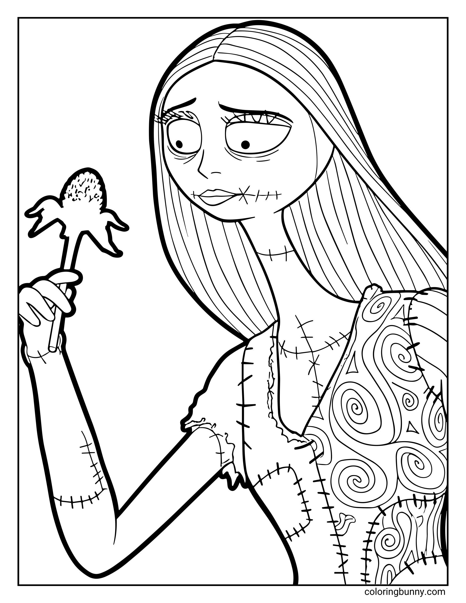 A Nightmare Before Christmas coloring page featuring Sally holding a wilted flower, looking at it with a thoughtful and sad expression. She has long straight hair, stitched details across her face and body, and a patchwork dress with swirly patterns.